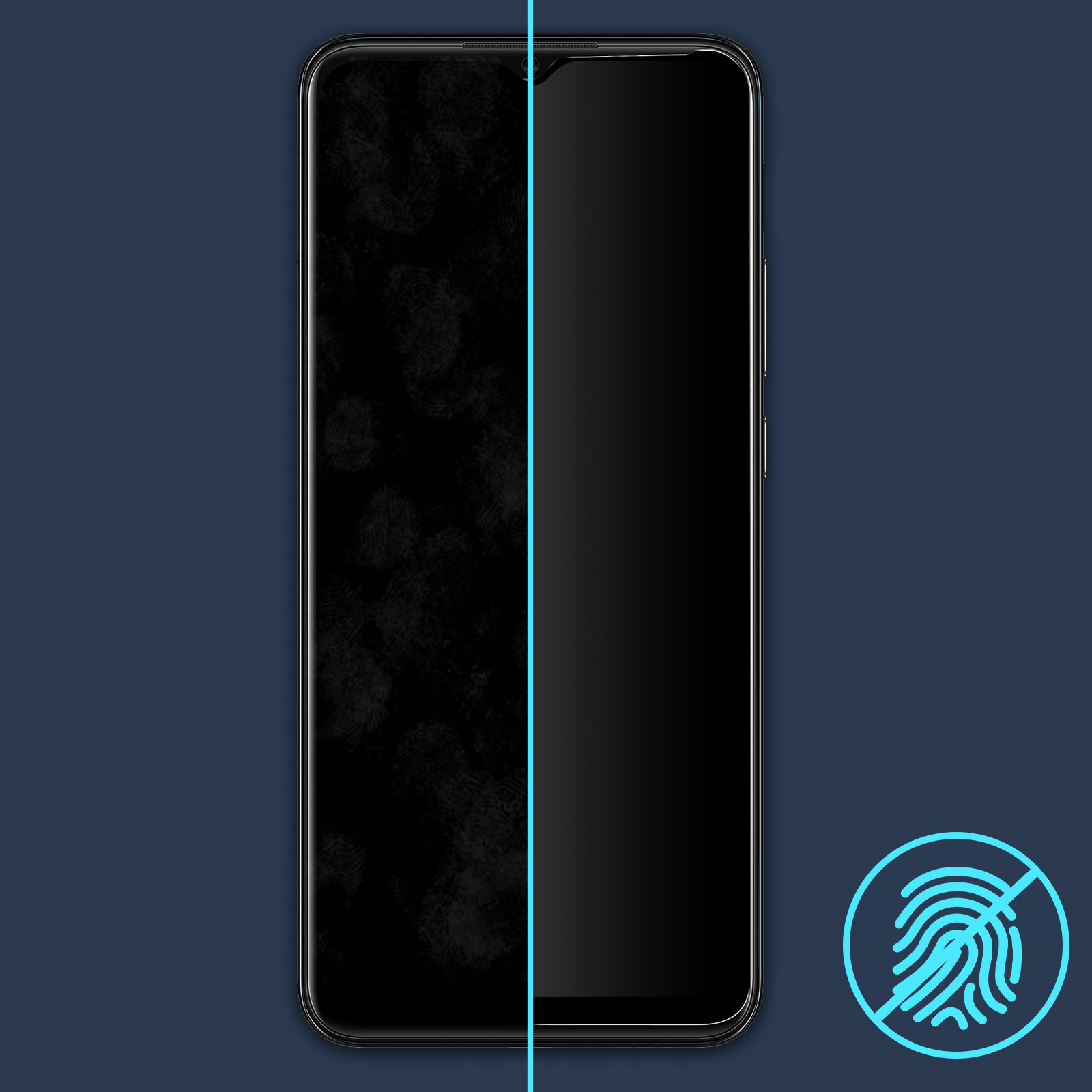 Écran de smartphone, à moitié couvert d'empreintes digitales, l'autre moitié propre. Fond bleu, symbole d'empreinte barré.