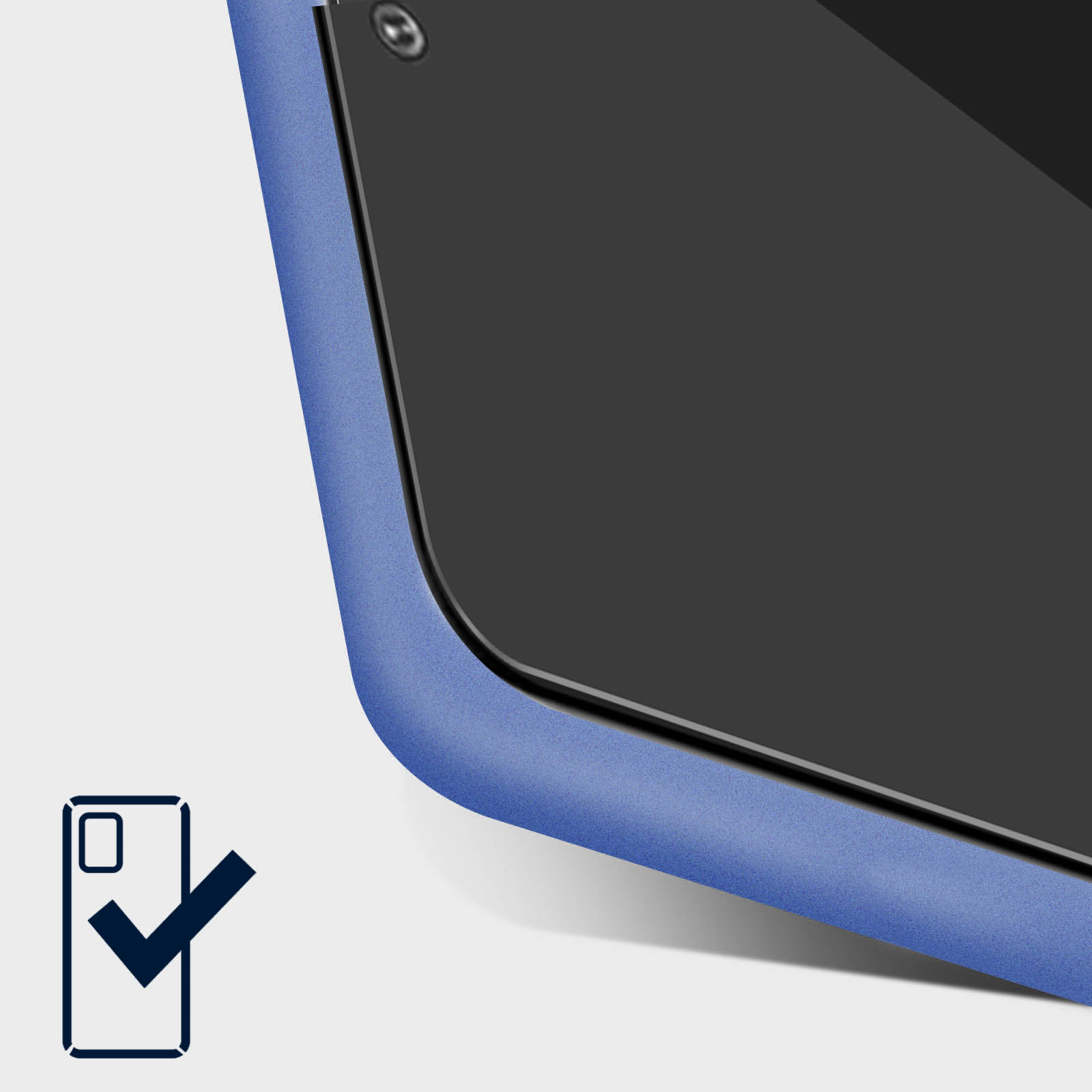Primo piano di una custodia blu per telefono, che mostra il bordo e uno schermo nero.