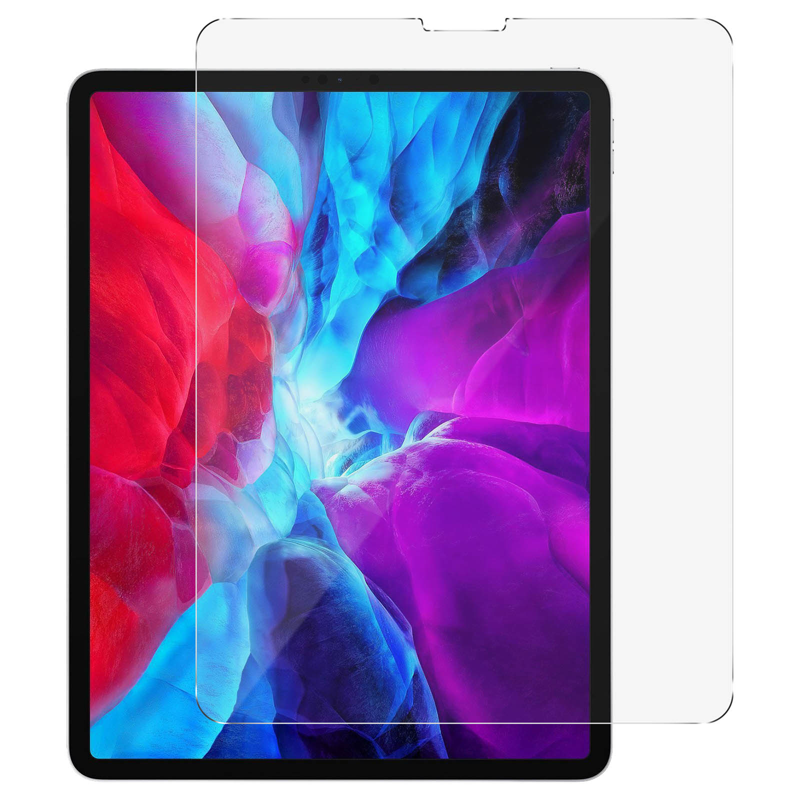 Tablette avec protecteur d'écran. Affiche une image colorée.