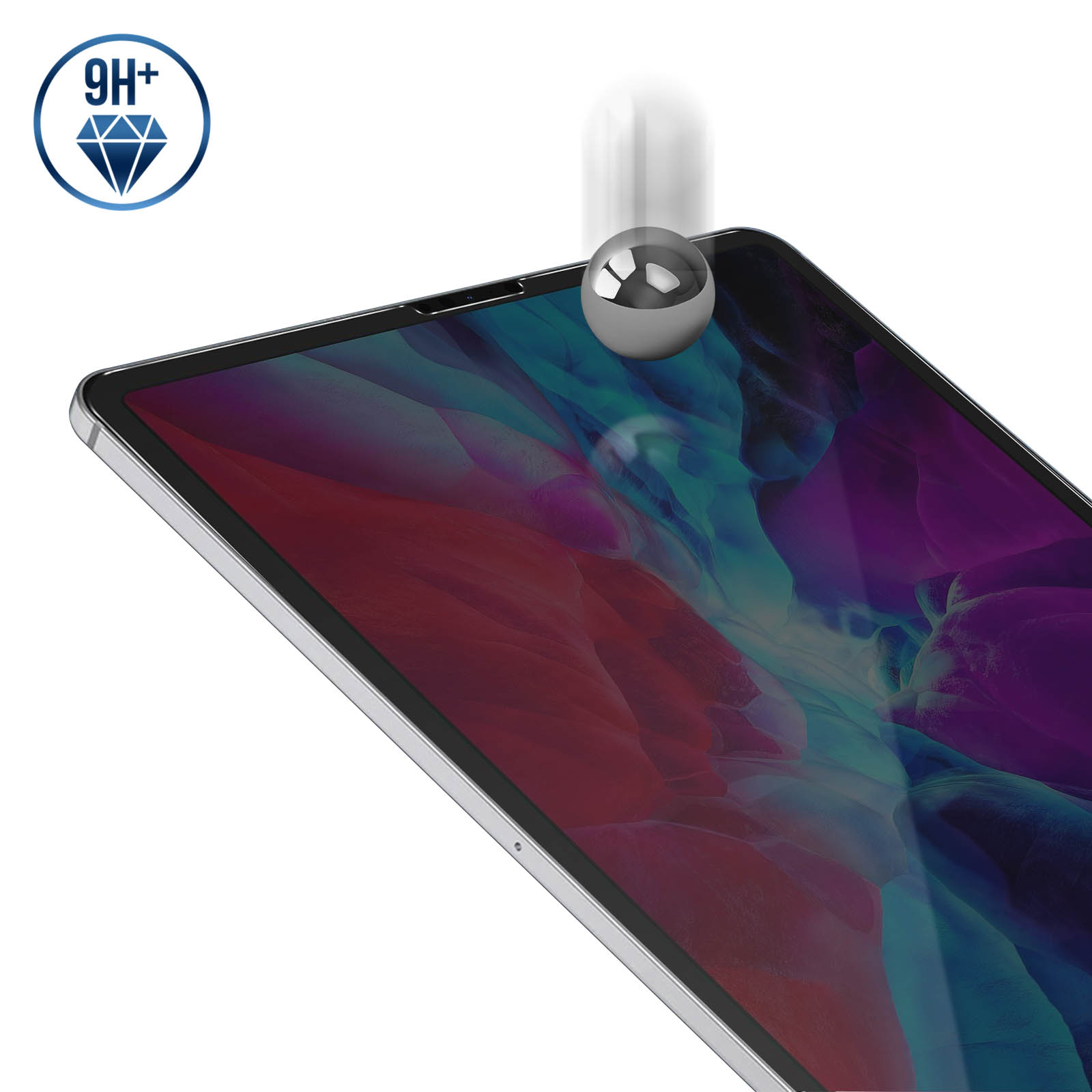 Una sfera d'argento che cade sullo schermo di un tablet con un adesivo 9H+.