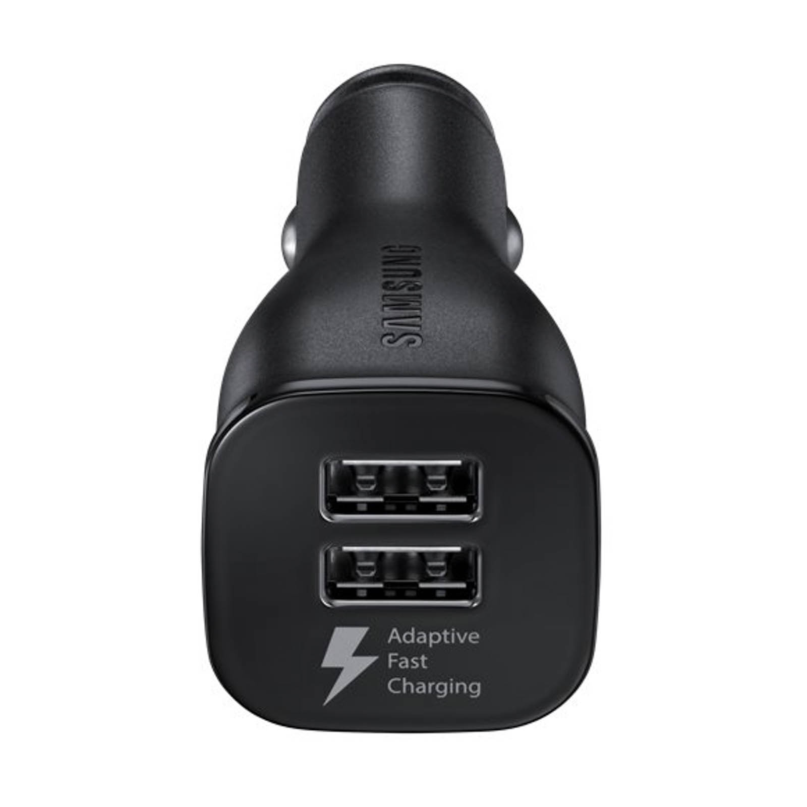 Caricabatterie per auto Samsung nero con due porte USB e logo Adaptive Fast Charging.