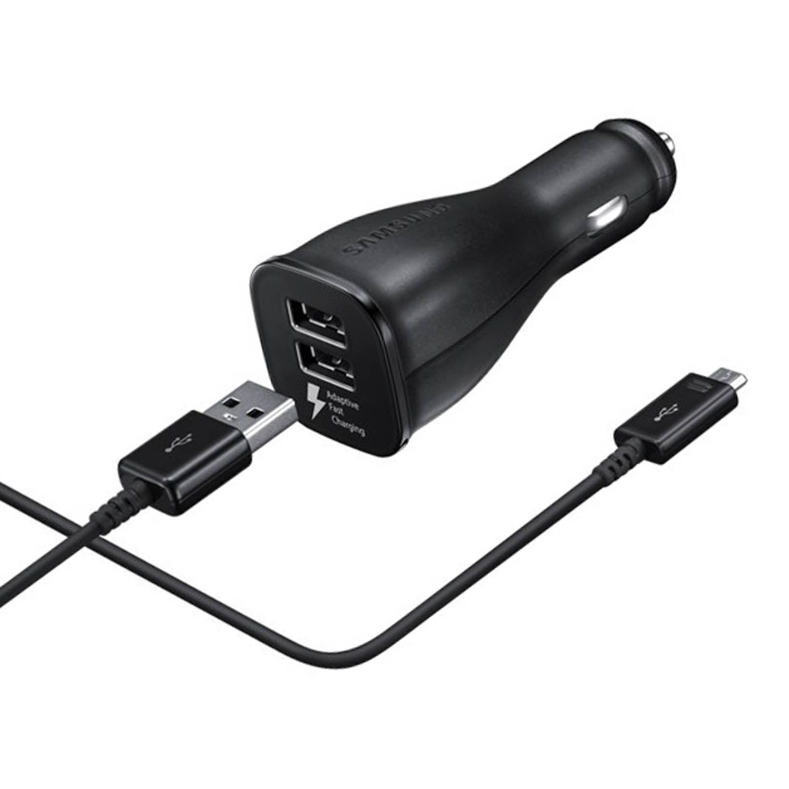 Caricabatteria per auto nero con due porte USB. Cavo di ricarica collegato. Il caricabatteria ha il logo Samsung.