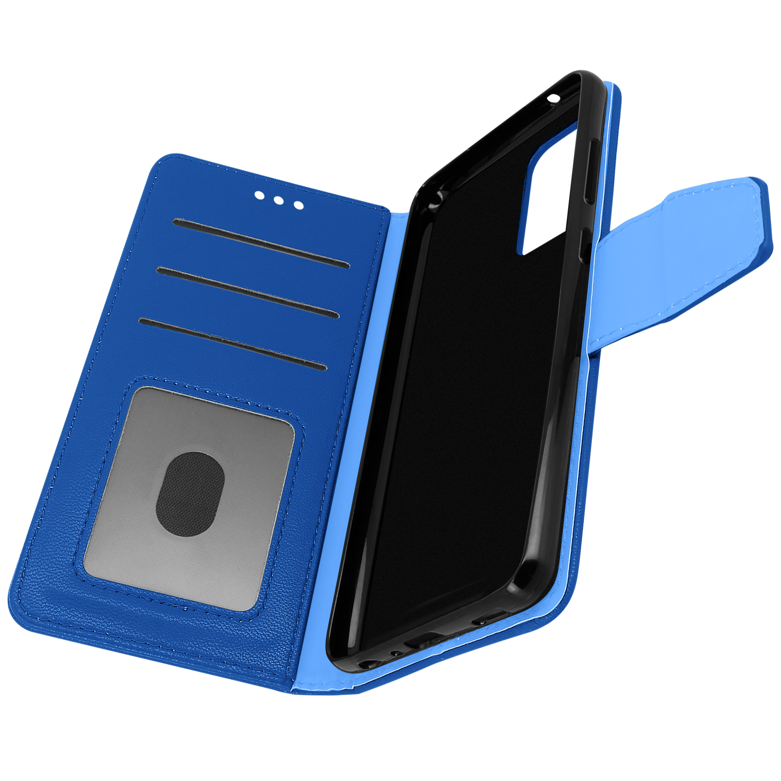 Custodia per telefono blu, aperta, che mostra interno, telefono e tasca trasparente. Blu e nero.