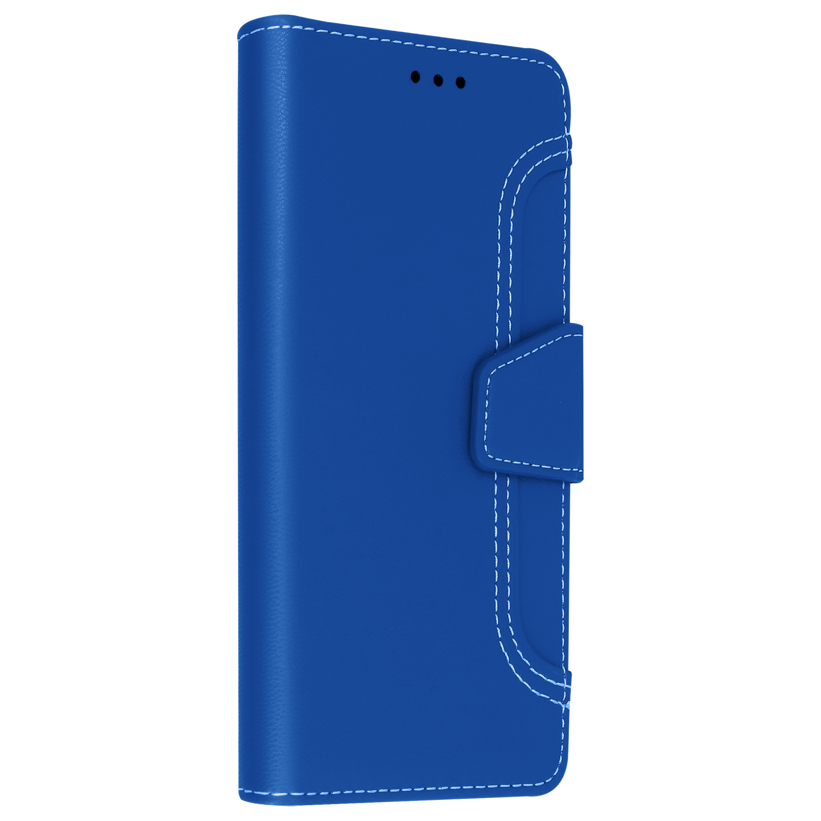 Una custodia blu per telefono è chiusa. Cuciture bianche attorno ai bordi. È visibile una chiusura.