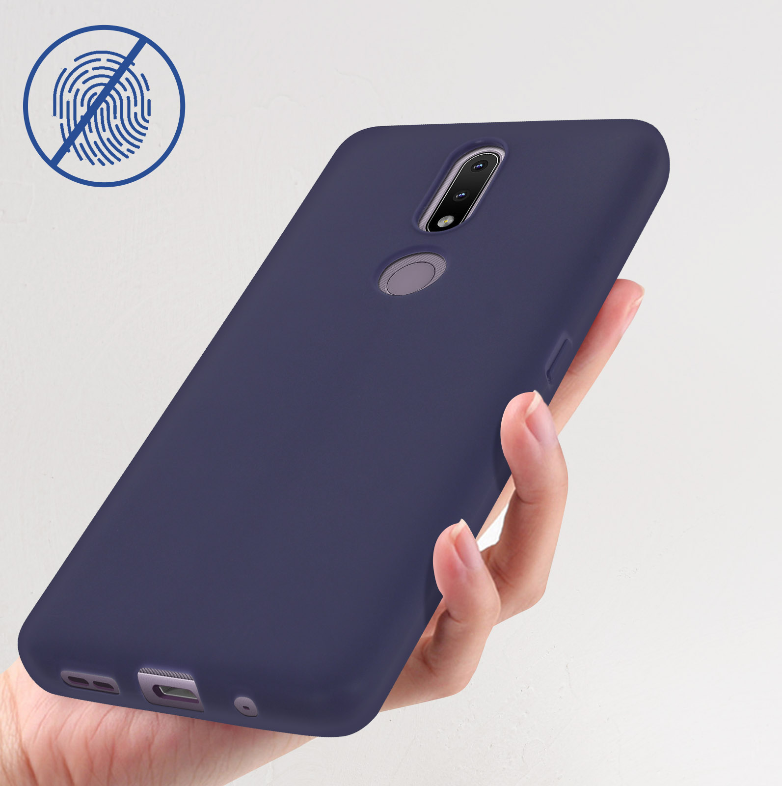 Una mano che tiene un telefono blu scuro con un simbolo di impronta digitale.