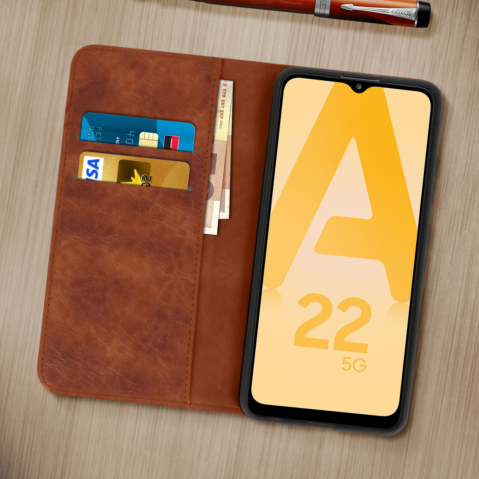 A22 5G, Braun Bookcover, Crazy Samsung, Galaxy AVIZAR Series,