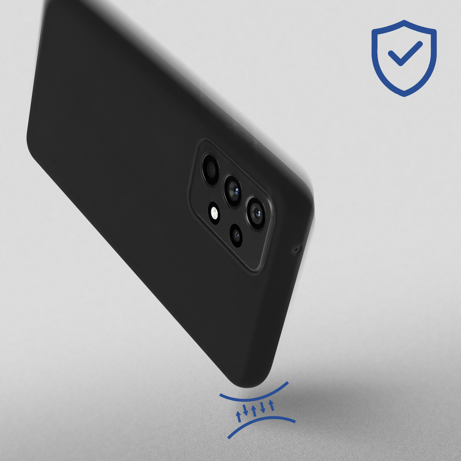 Una custodia nera per telefono su una superficie con un'icona di protezione. La custodia è leggermente angolata.