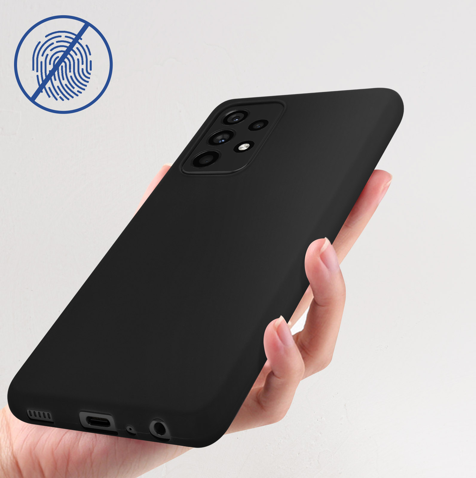 Una custodia nera per telefono tenuta in mano su uno sfondo bianco semplice, con un simbolo di impronta digitale.