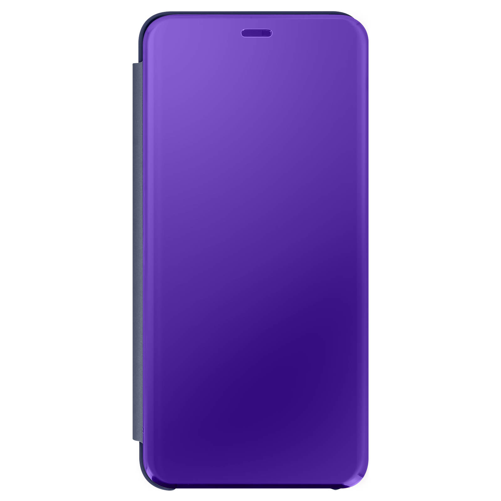 Paarse telefoonhoes met reflecterend oppervlak. Gesloten en heeft een klein luidsprekergat aan de bovenkant.