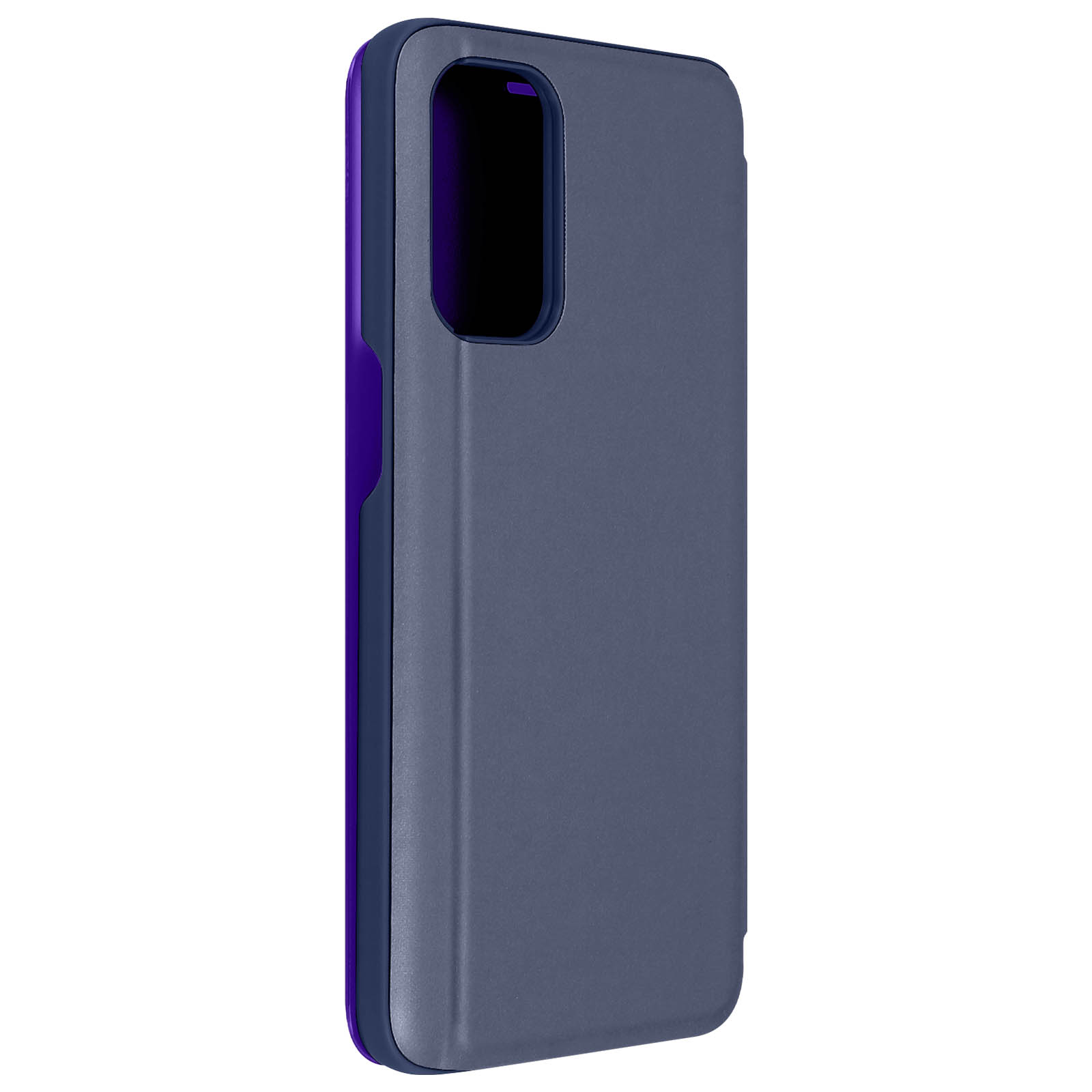 Een blauwe telefoonhoes. De hoes heeft een strak design. De achtergrond is grijs.
