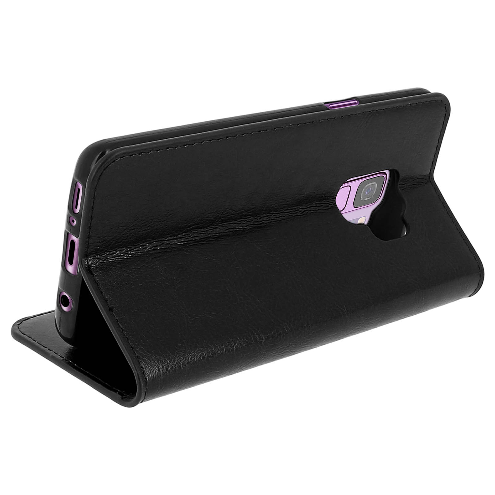 Custodia in pelle nera per telefono, aperta, con telefono nero e dettagli viola.