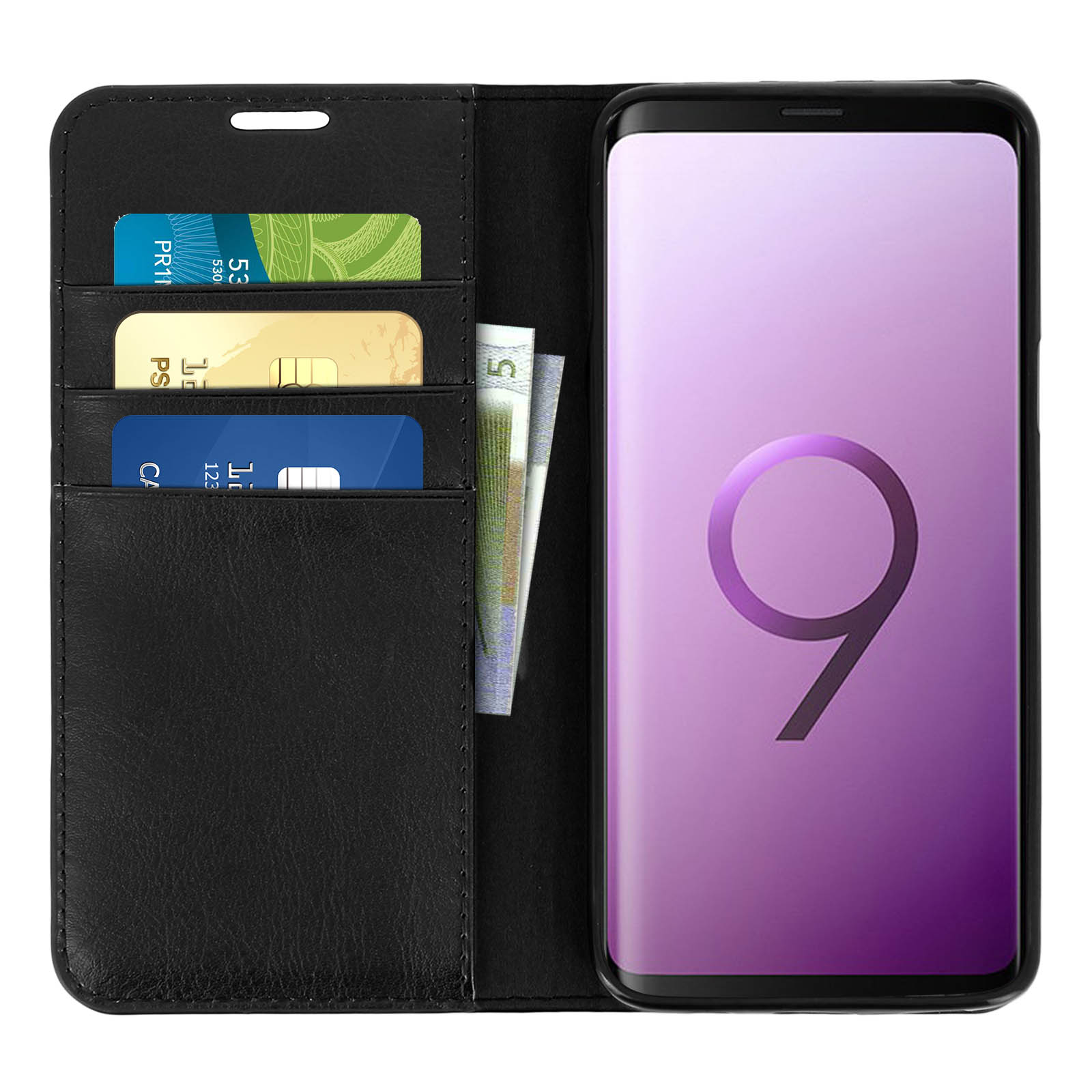 Custodia nera con telefono all'interno, che mostra carte e denaro nelle tasche.