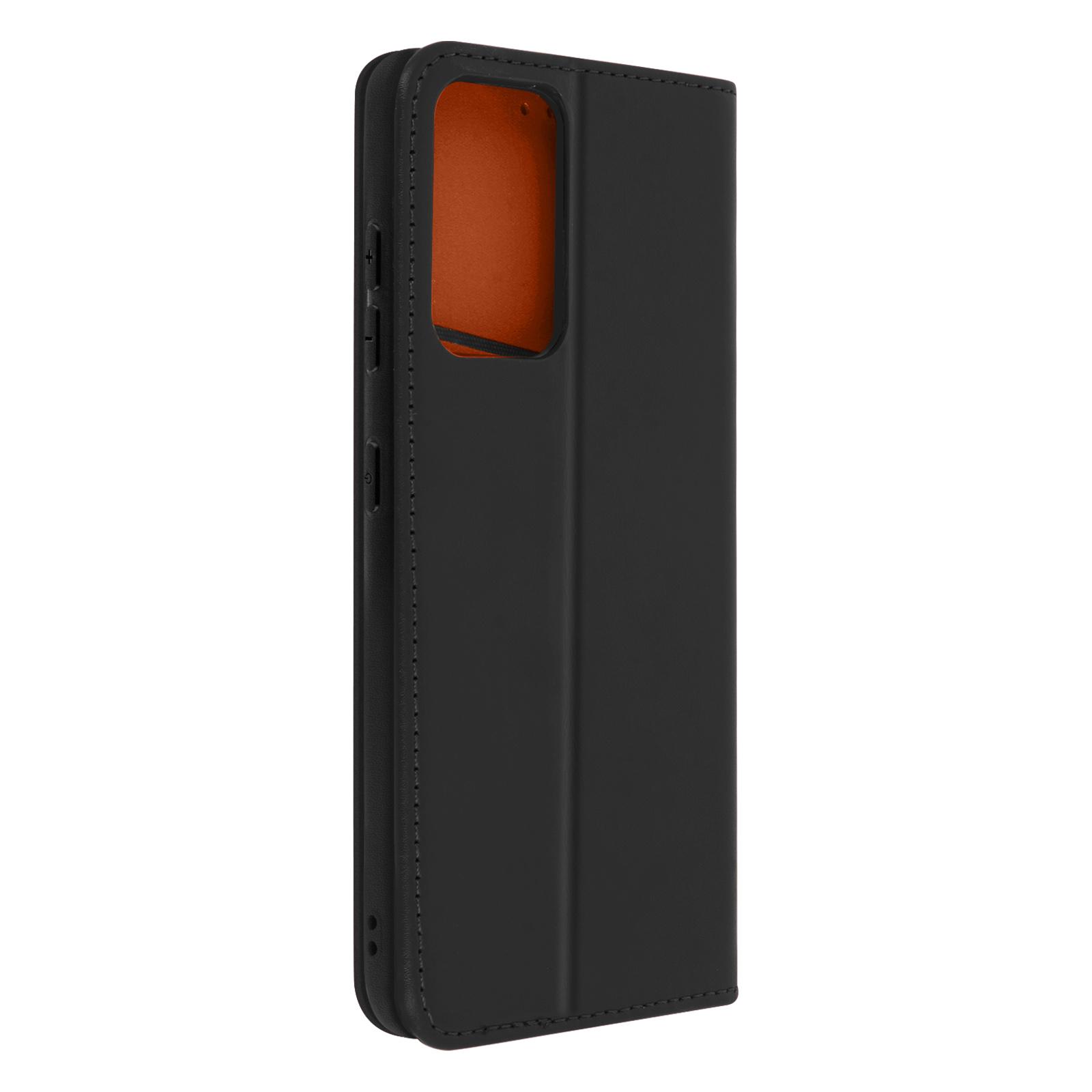 Schwarze Handyhülle geöffnet. Schwarze Hülle mit orangefarbenem Innenraum. Knöpfe.