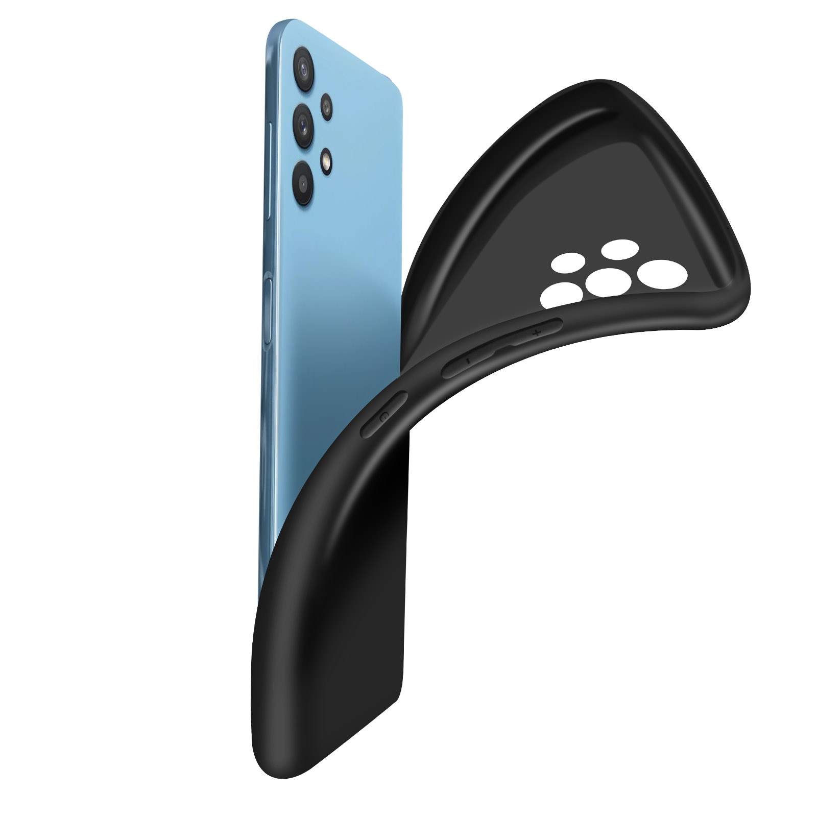 Schwarze Handyhülle biegt sich. Telefon im Hintergrund. Weißer Hintergrund.