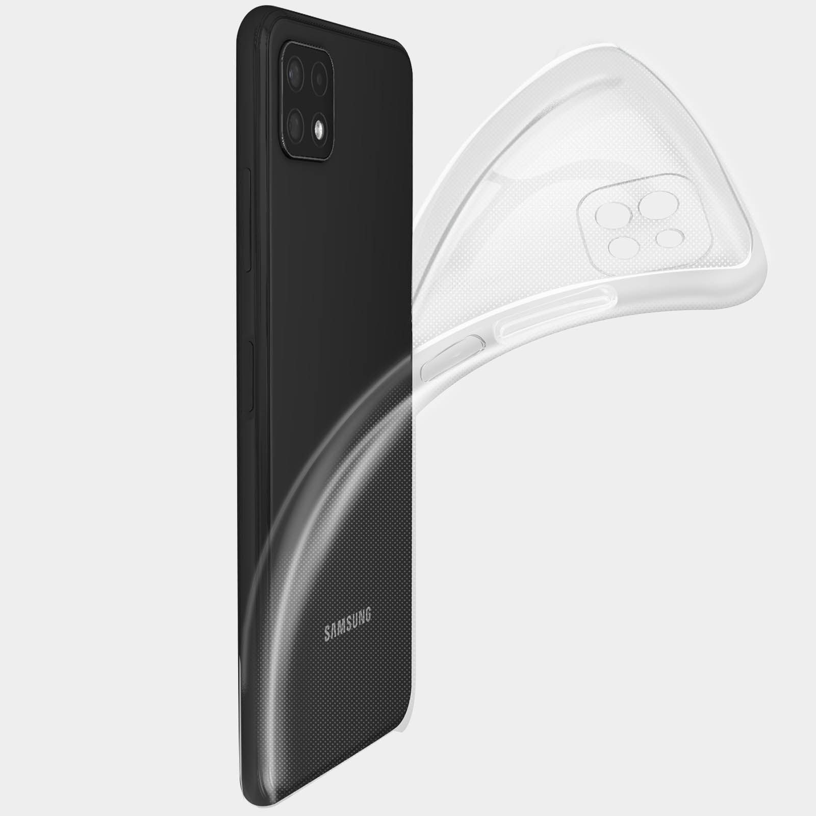 Un téléphone noir avec le cache arrière retiré, à côté d'une coque transparente. Fond gris.