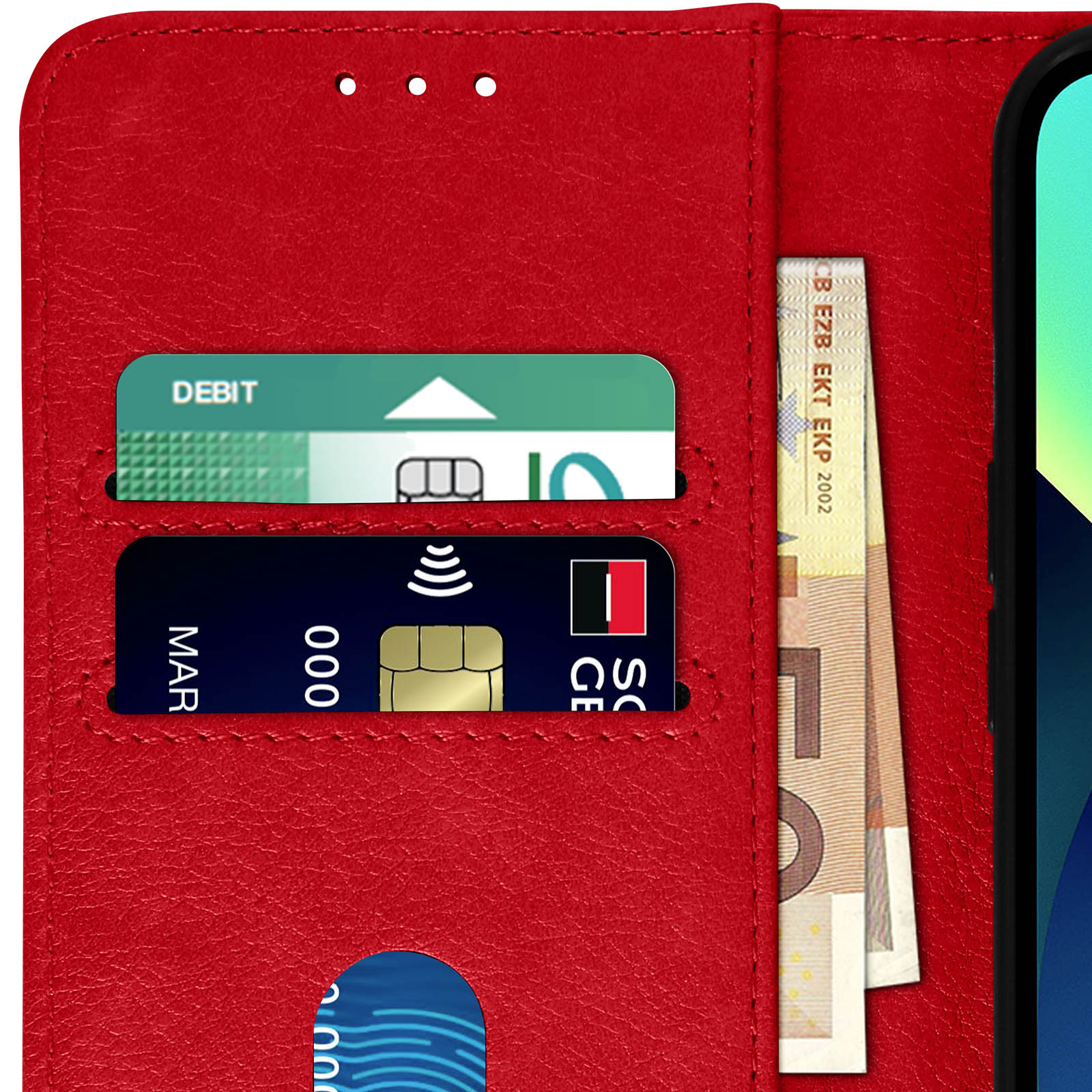 Étui portefeuille rouge pour téléphone. Cartes et argent dans les fentes. Téléphone visible.
