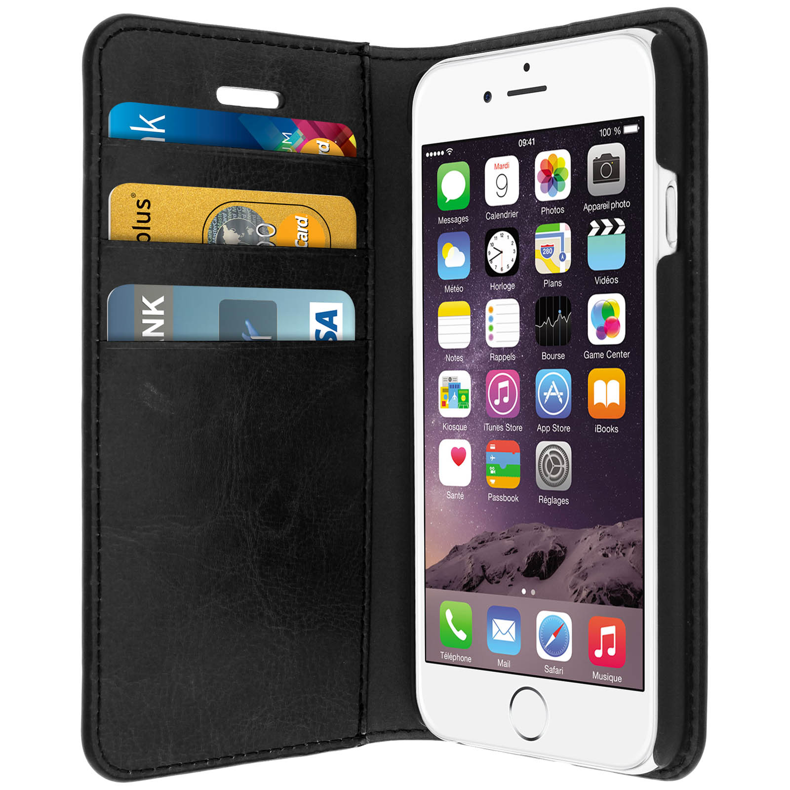 iPhone bianco in una custodia a portafoglio in pelle nera. Carte negli slot.