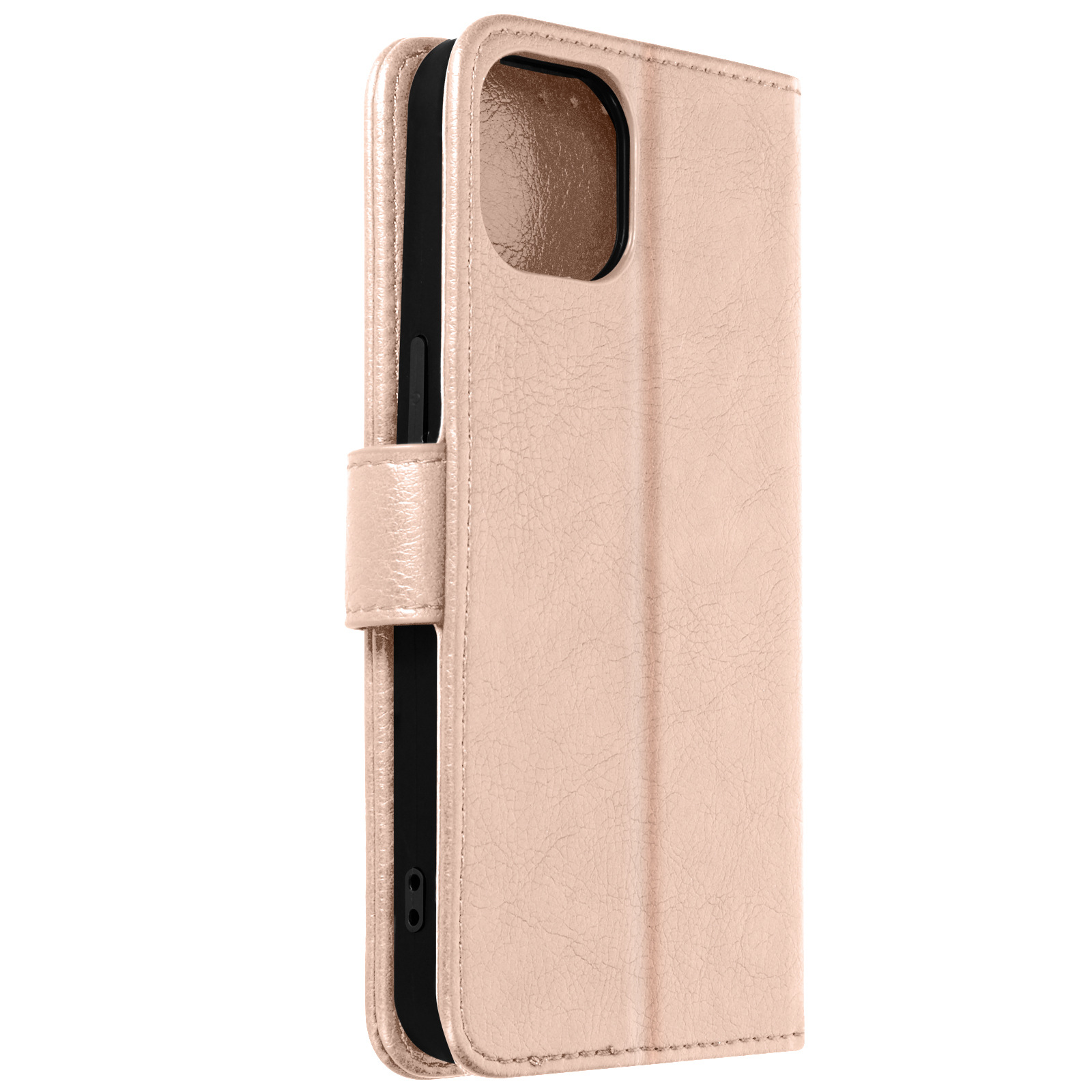Custodia per telefono oro rosa, chiusa. La custodia ha una patta e un ritaglio per la fotocamera visibile.