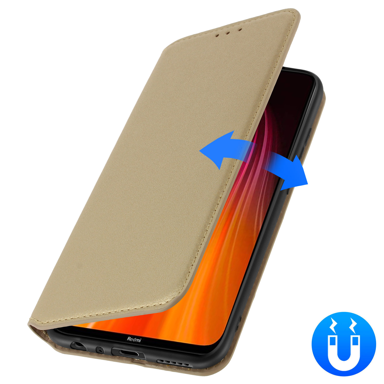 Custodia con chiusura magnetica, frecce indicano apertura e chiusura, icona calamita.