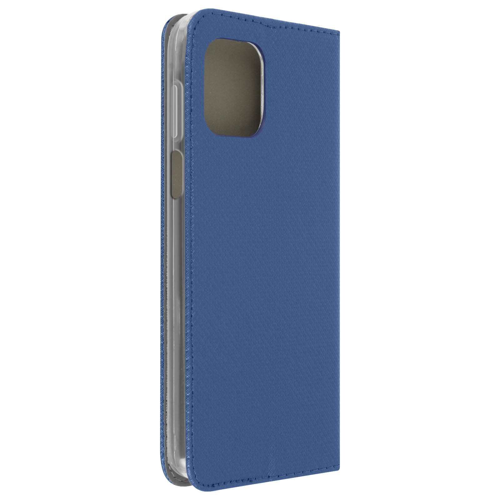 Custodia blu per telefono, chiusa. La vista laterale mostra l'intaglio della fotocamera e la fodera interna.