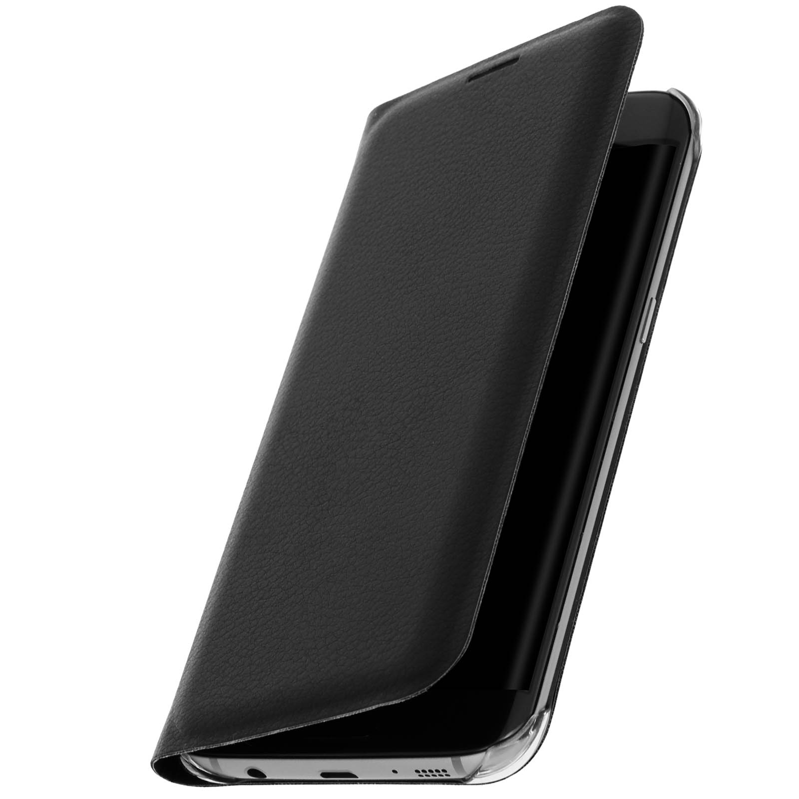 Custodia nera aperta, che mostra un telefono. La custodia ha una texture simile alla pelle.