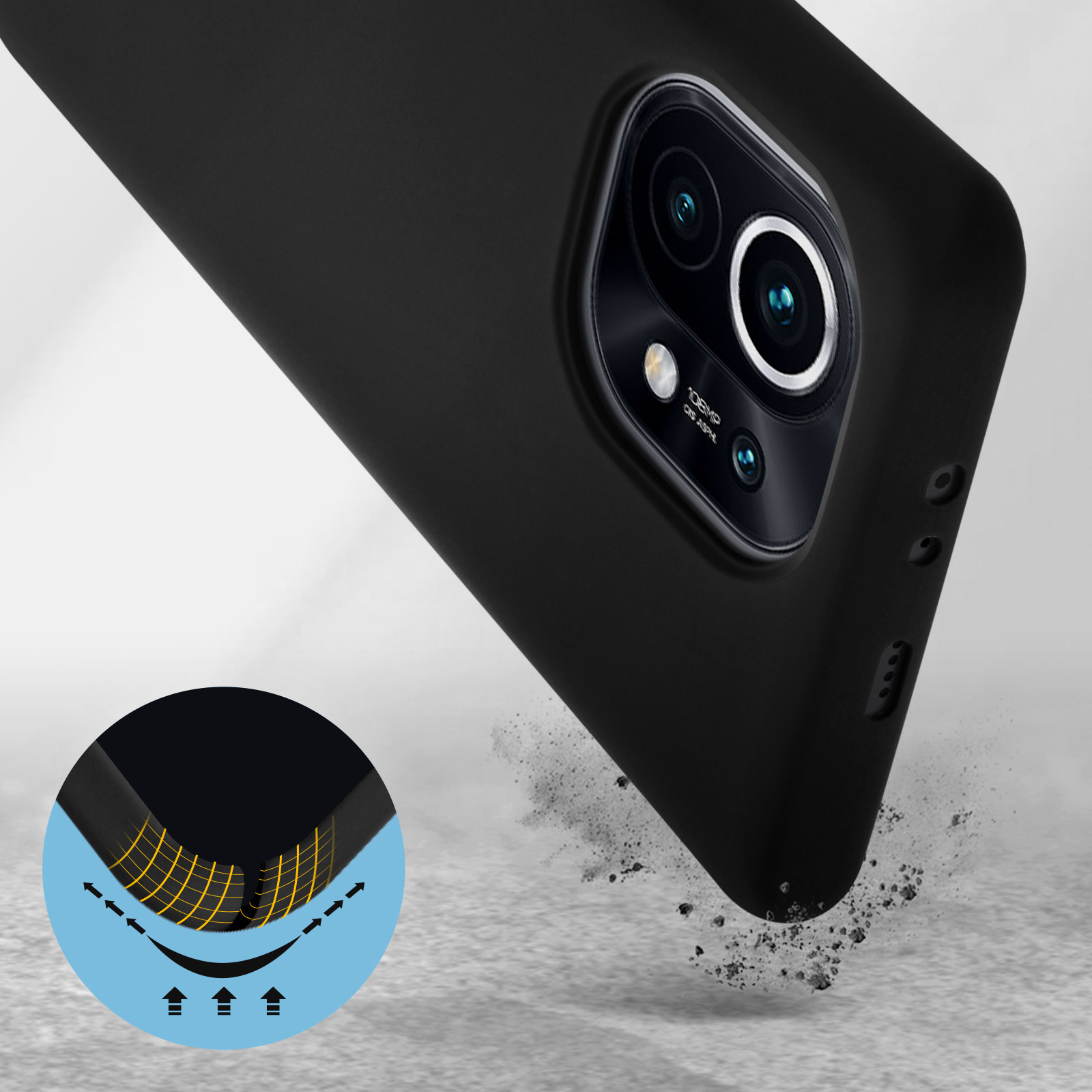 Custodia per telefono nera con fotocamera, particelle di polvere appaiono sulla superficie, indicando un test di caduta.