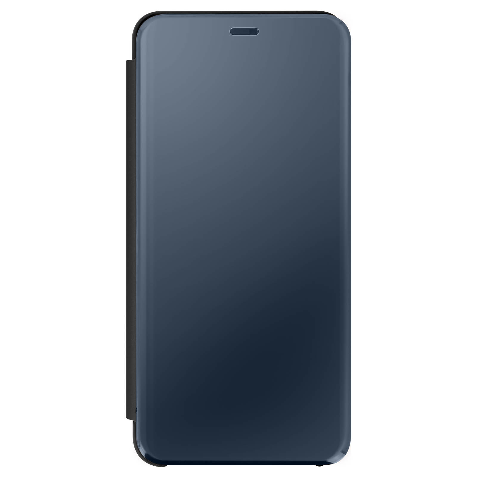 Custodia per telefono blu. La custodia è chiusa, con una superficie simile a uno schermo. Ha un ritaglio per la fotocamera.