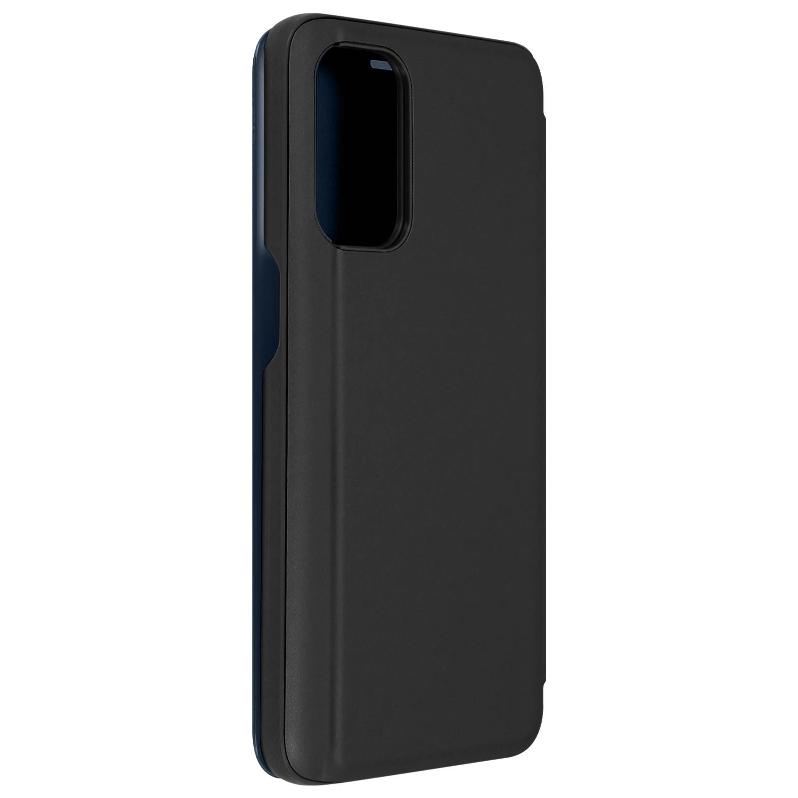 Una custodia per telefono nera, che mostra l'intaglio della fotocamera e una fodera blu scuro.