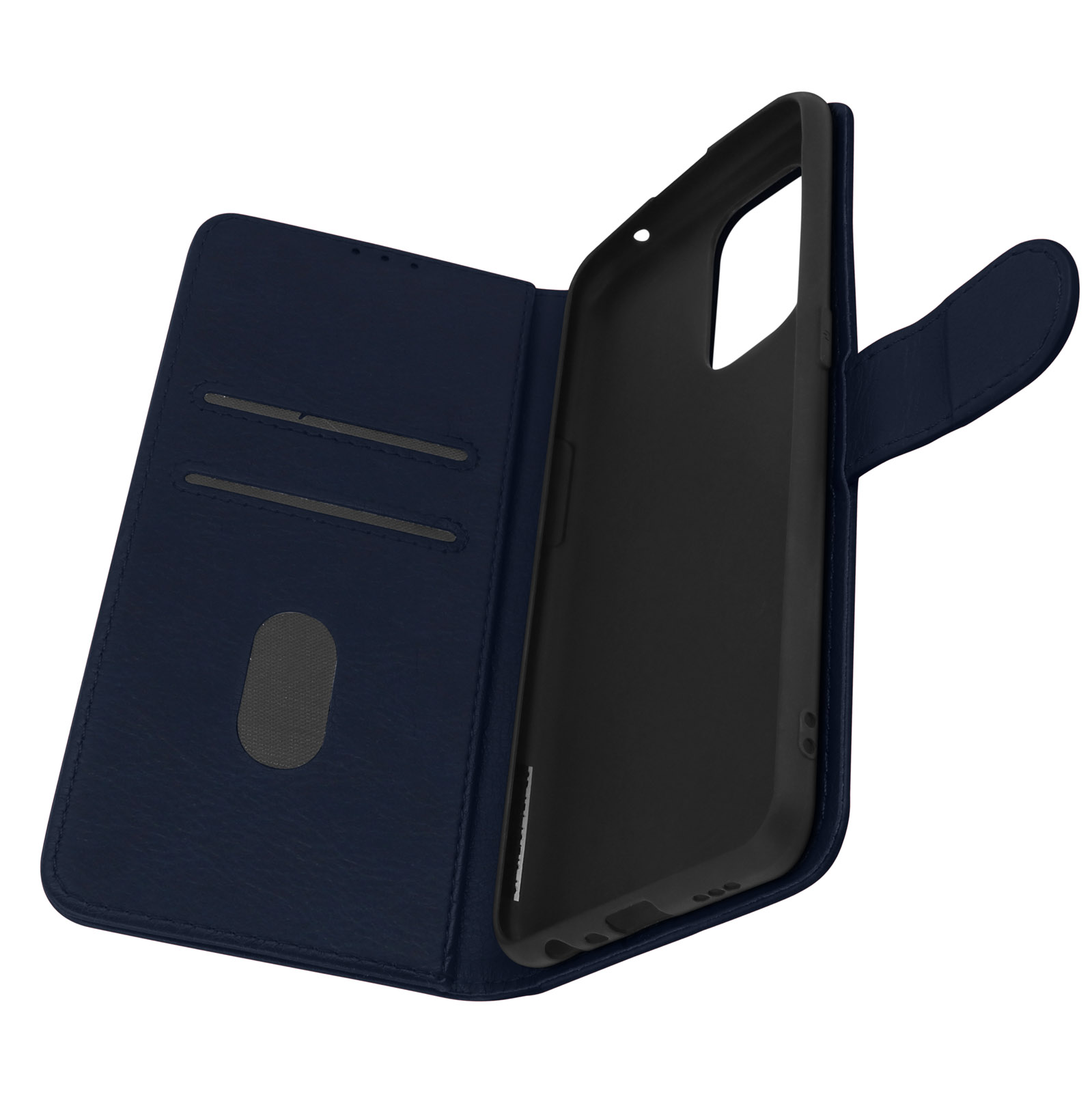 Una custodia blu navy, aperta, che mostra un telefono all'interno. Il telefono è visibile.