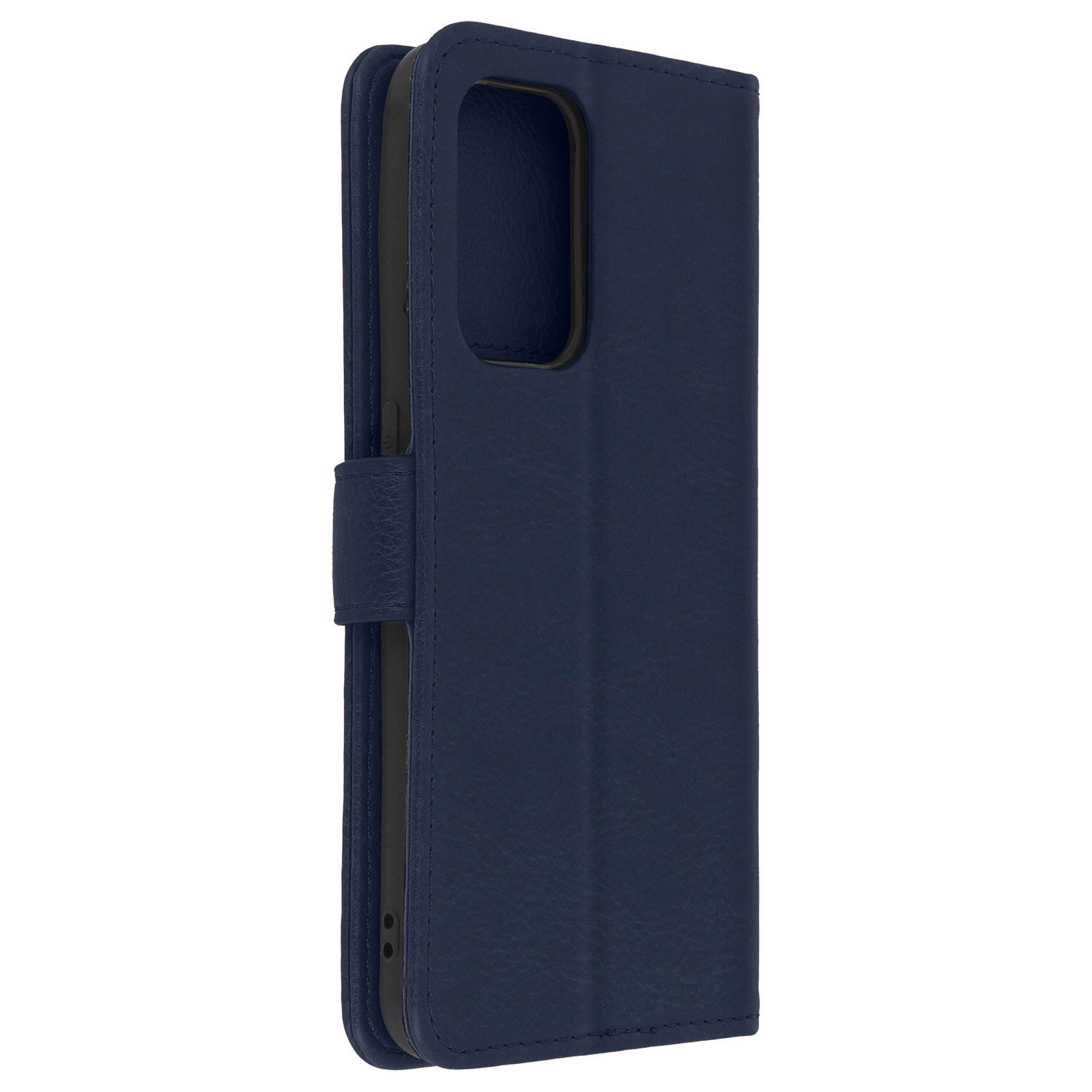 Custodia per telefono blu navy, aperta. La custodia è strutturata e il telefono è dentro. Sfondo bianco.