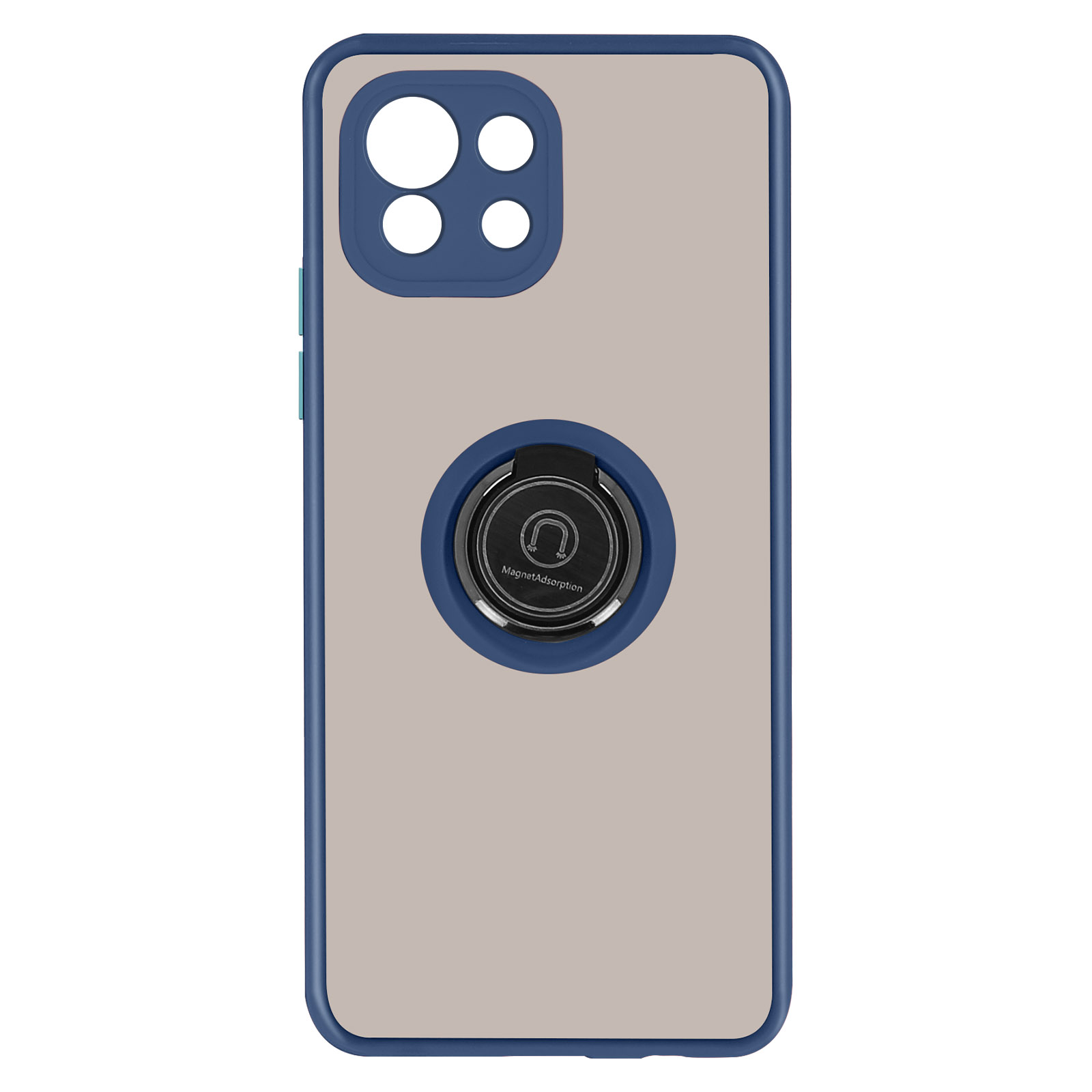 Coque de téléphone avec anneau bleu et dos beige, cadre bleu.