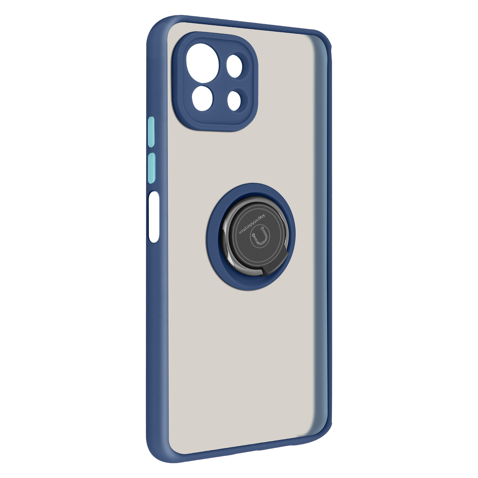 Un étui de téléphone bleu avec un dos transparent et un support d'anneau argenté. Il repose sur une surface, montrant l'appareil photo et le flash.