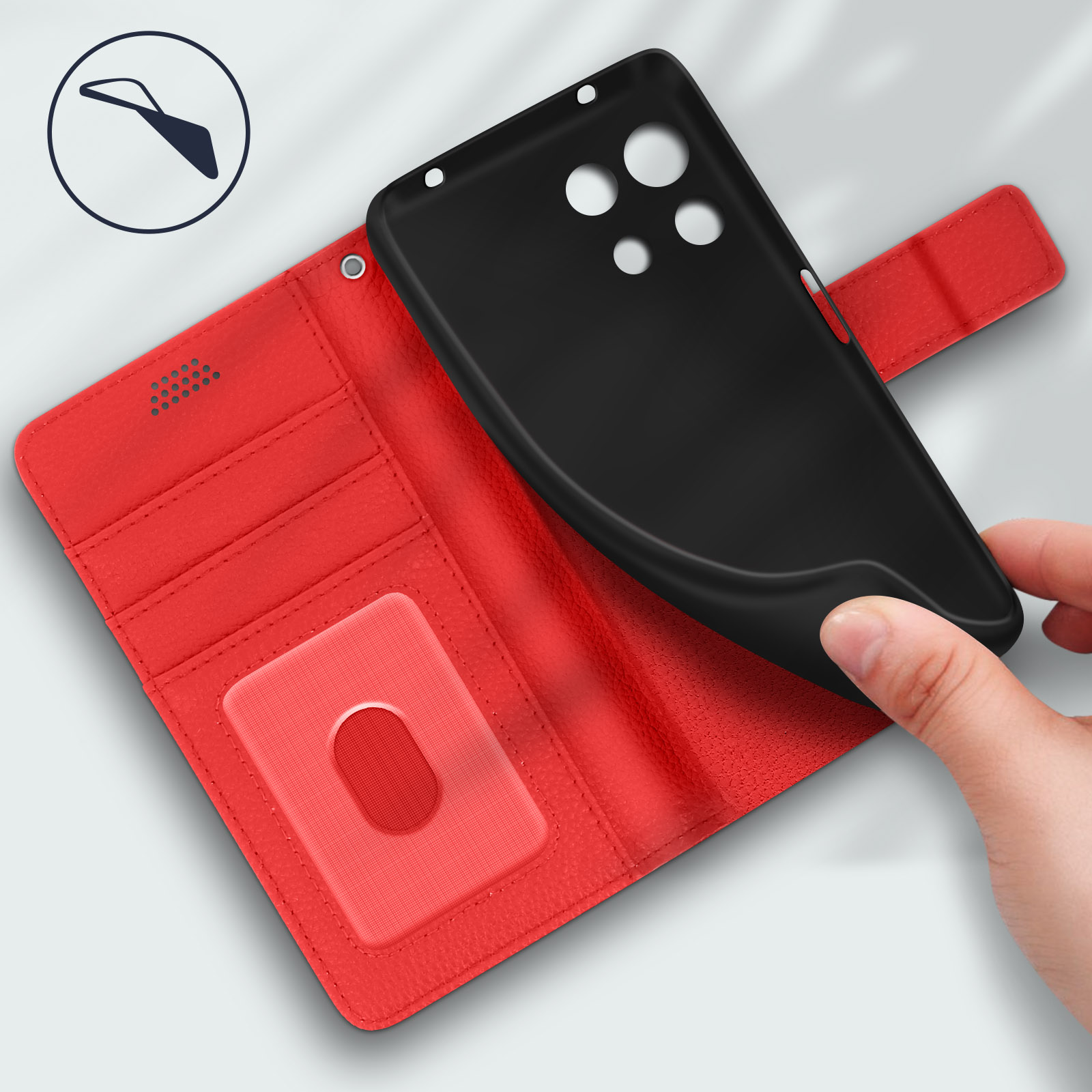 Una mano rimuove una custodia per telefono da un portafoglio.