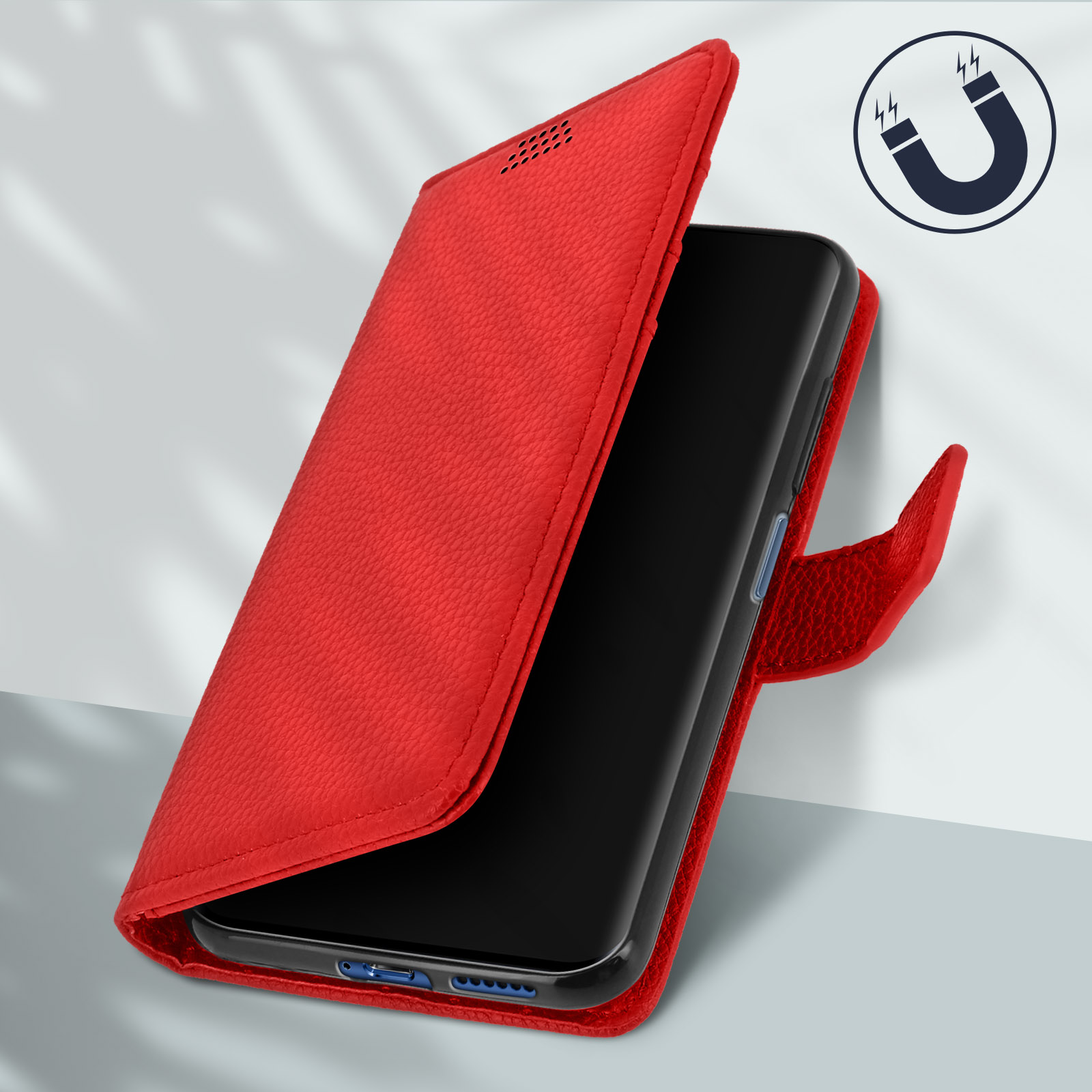Custodia per telefono in pelle rossa, aperta, con telefono all'interno. Simbolo magnete a U visibile.