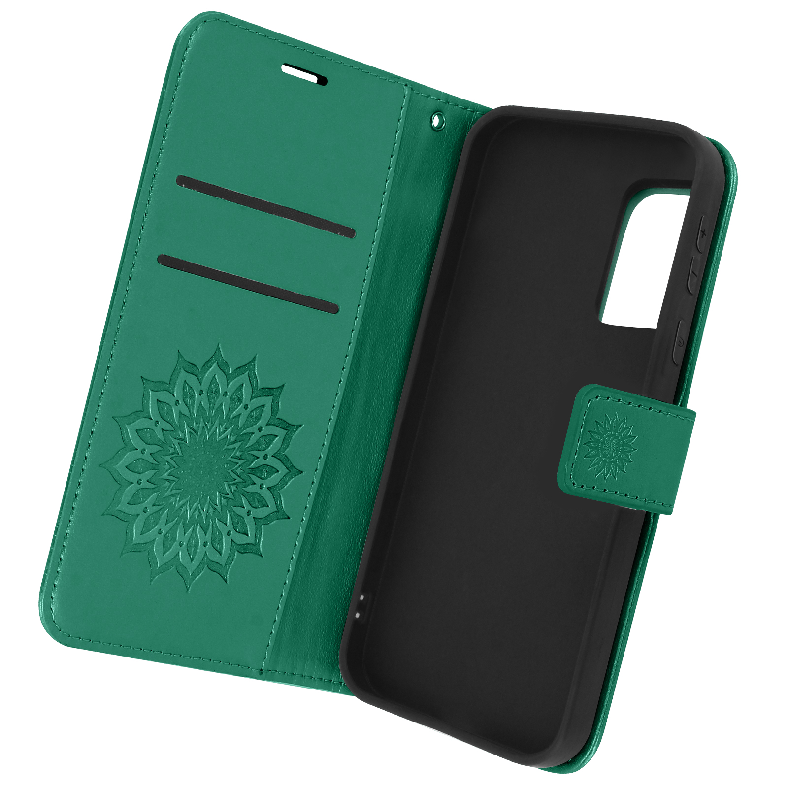 Custodia per telefono in pelle verde aperta. La custodia ha un design floreale e fessure per carte.