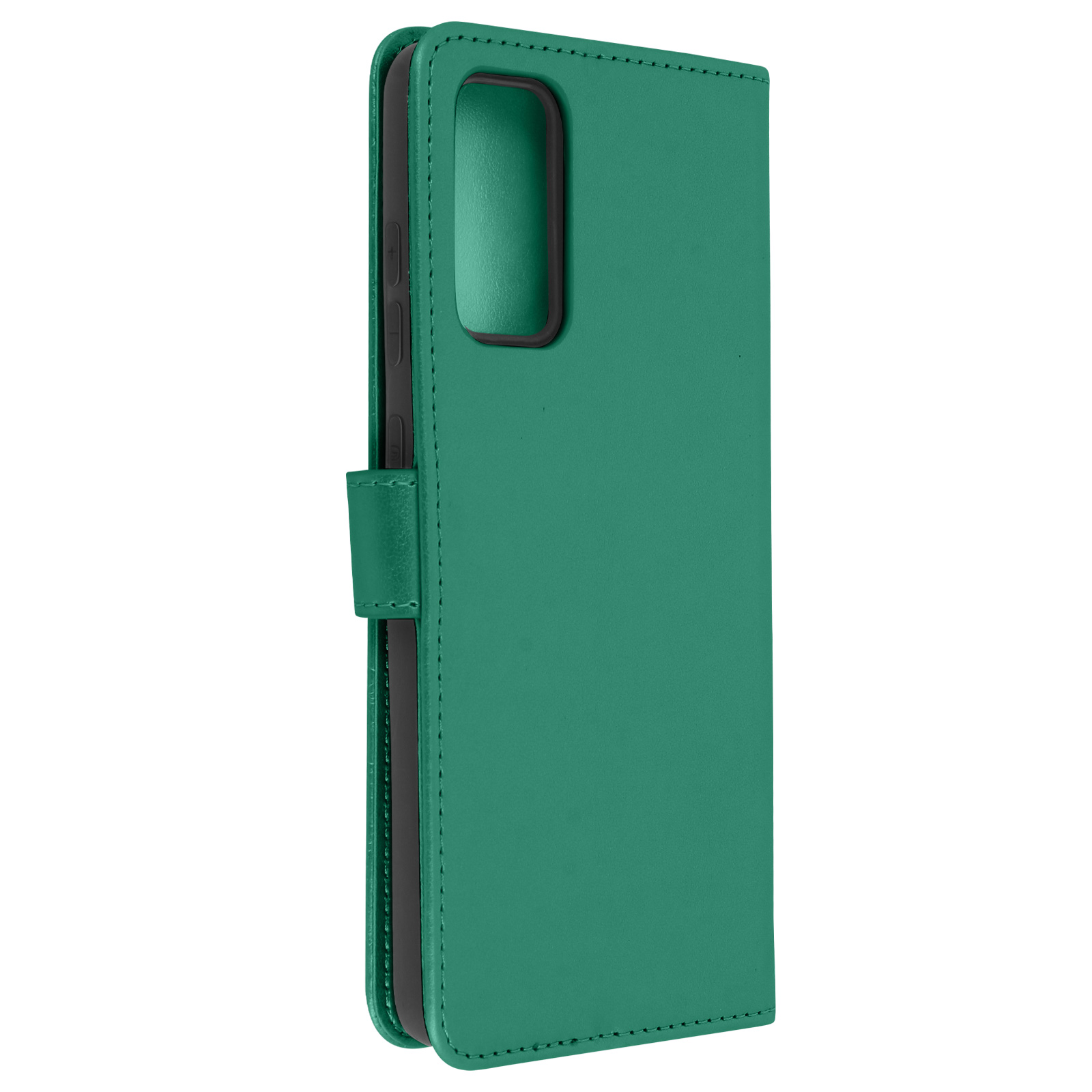 Una custodia verde per telefono con patta e cuciture, mostrata lateralmente.