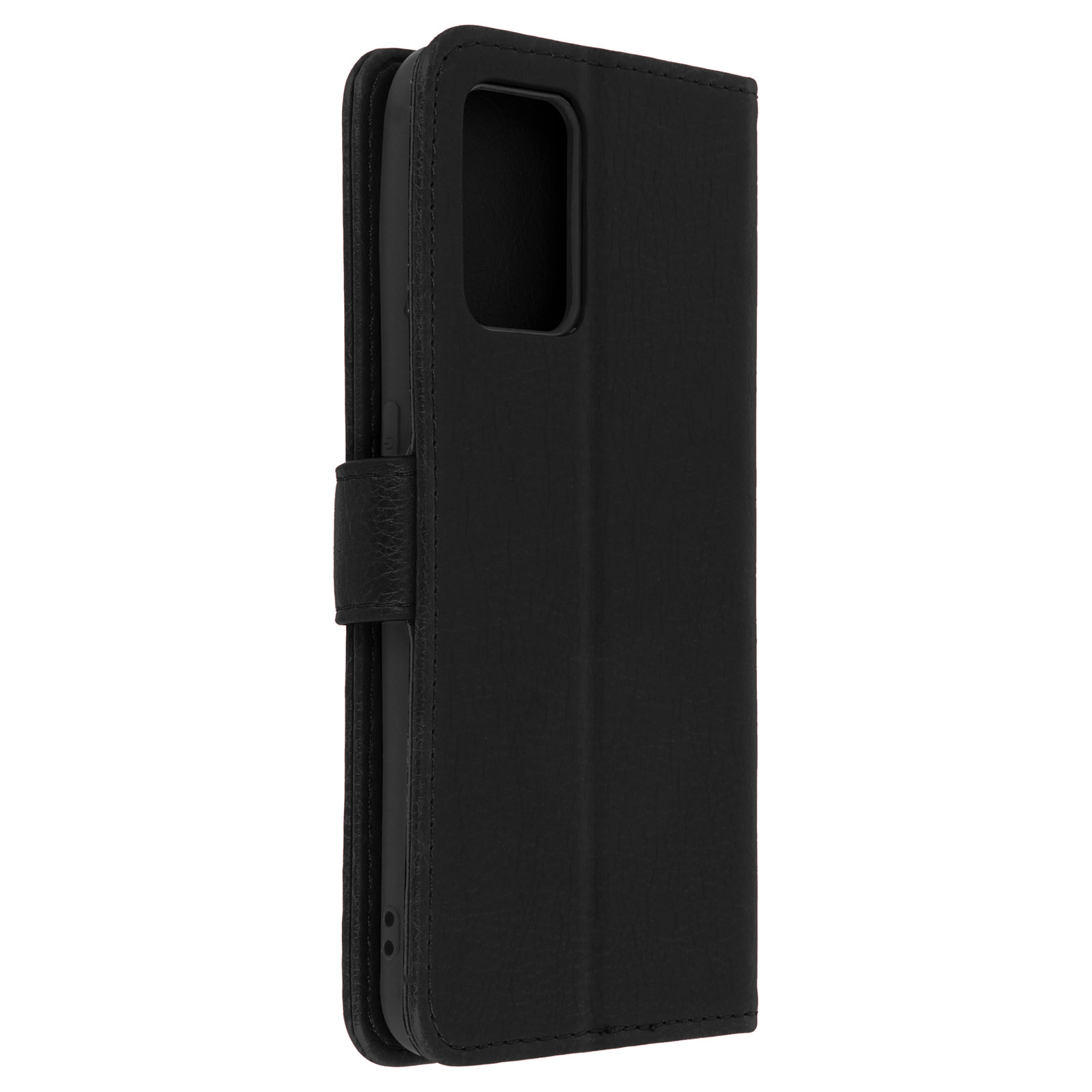 Un étui de téléphone noir, fermé, montrant le côté avec les boutons et une texture de cuir.
