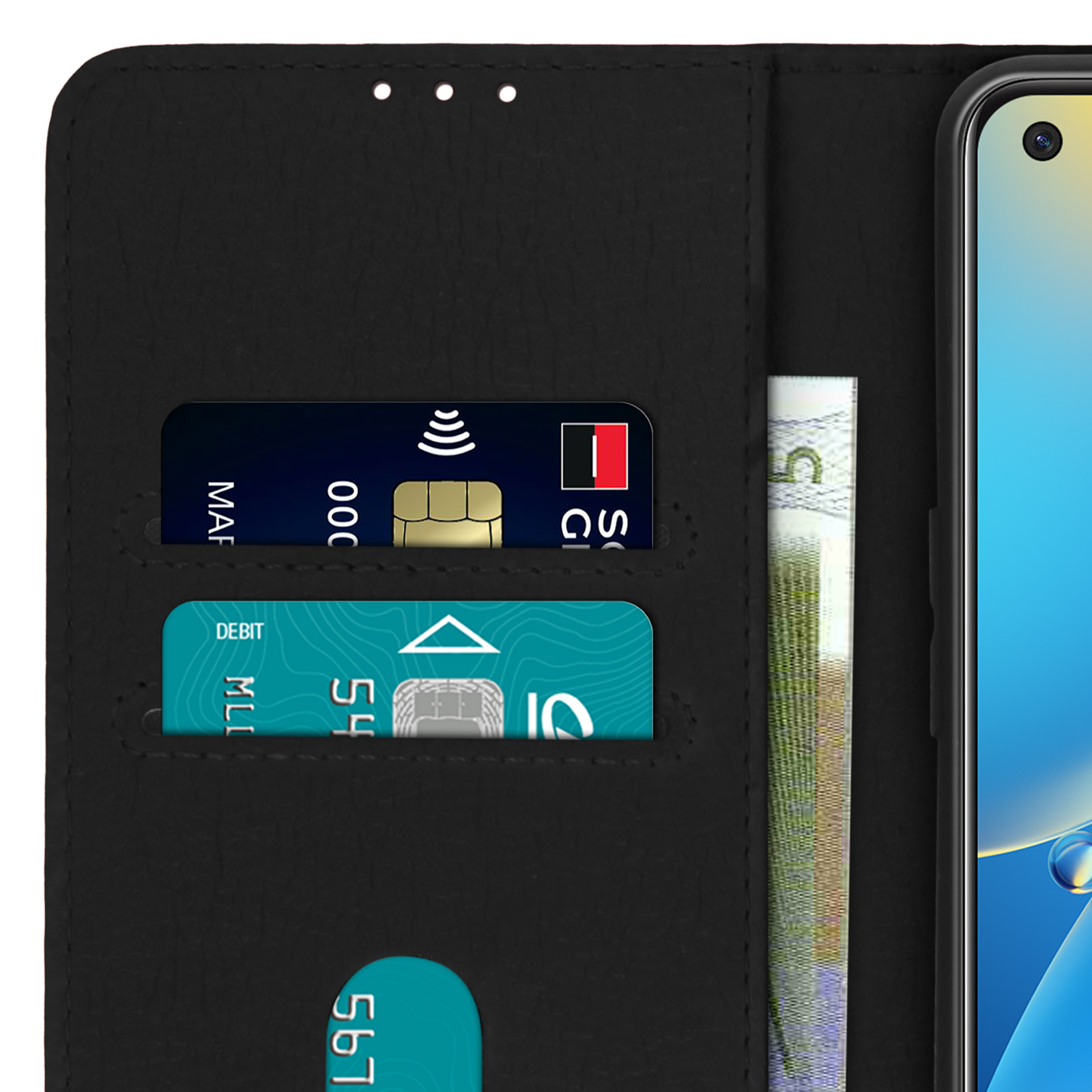 Étui de téléphone noir avec fentes pour cartes et une poche à argent. Contient une carte de débit et de l'argent.