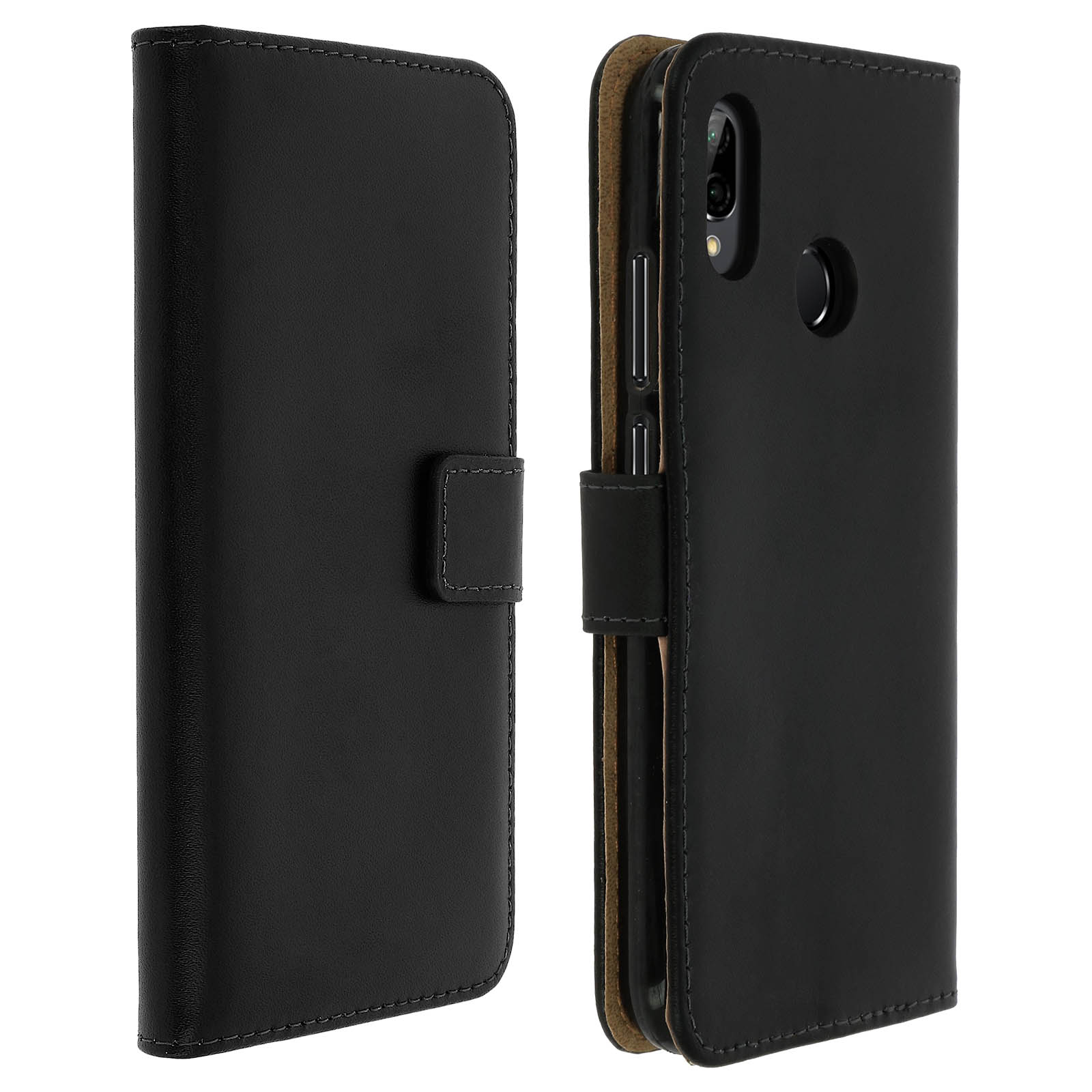 Custodia per telefono in pelle nera, chiusa e aperta. Con chiusura magnetica.