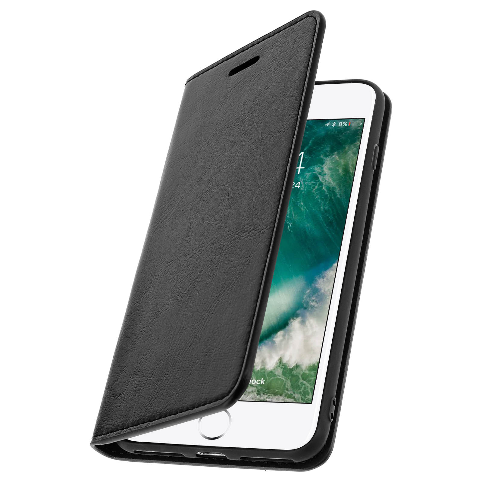 Un telefono nero in una custodia nera, con la custodia aperta, su uno sfondo chiaro.