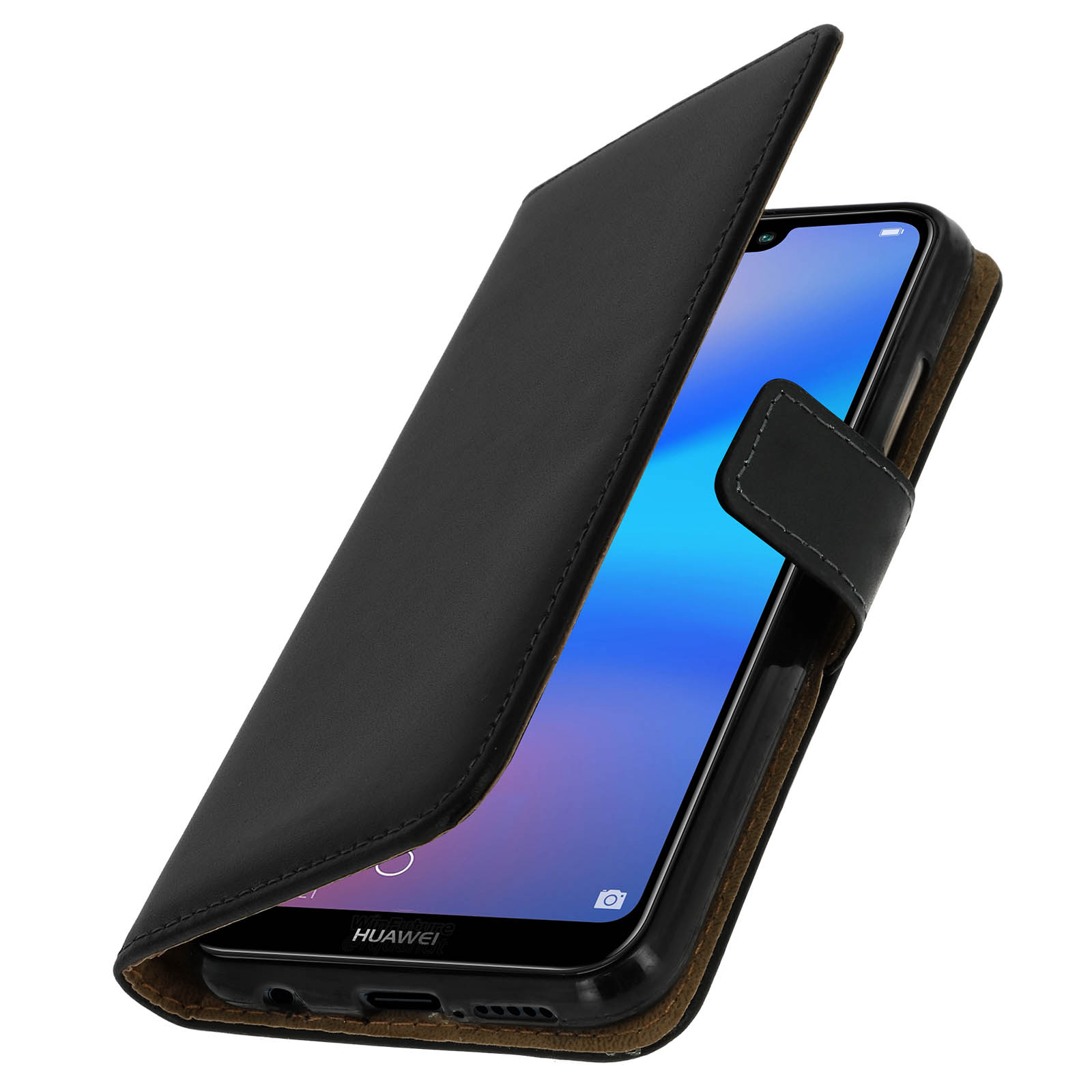Custodia per telefono in pelle nera aperta. Un telefono Huawei è visibile all'interno della custodia.