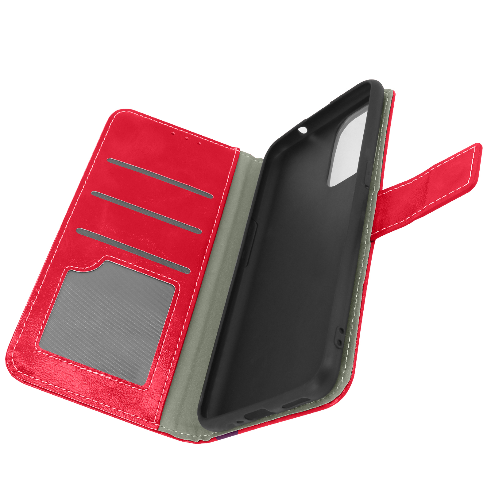Un étui de téléphone en cuir rouge est ouvert, avec un téléphone noir et un intérieur rouge avec des emplacements pour cartes.