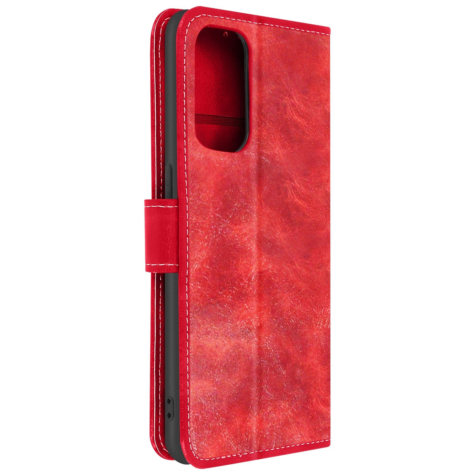 Coque de téléphone rouge, ouverte, montrant le téléphone à l'intérieur, avec des coutures blanches.