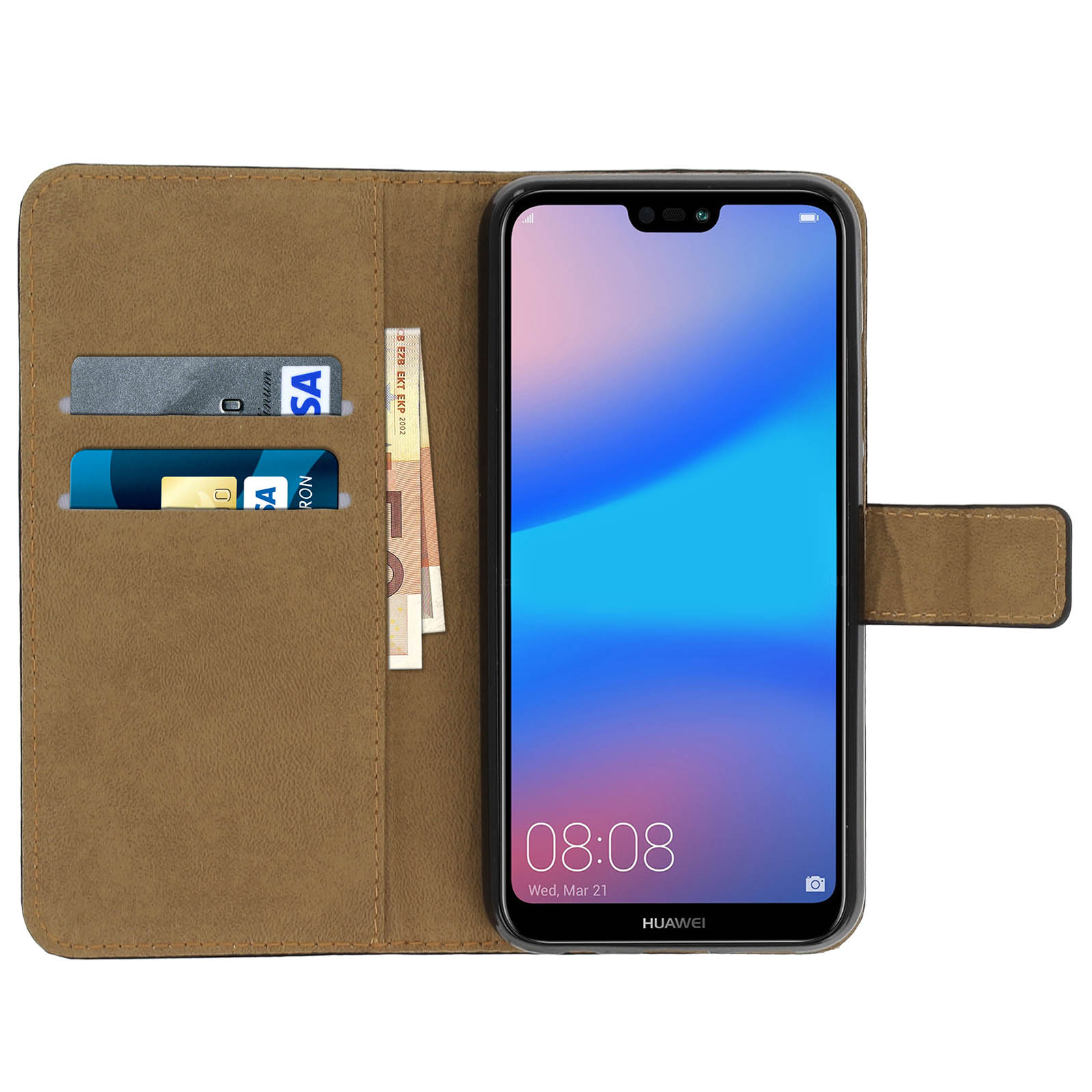 Custodia marrone per telefono aperta, con telefono, carte e denaro. Stanza sullo sfondo.