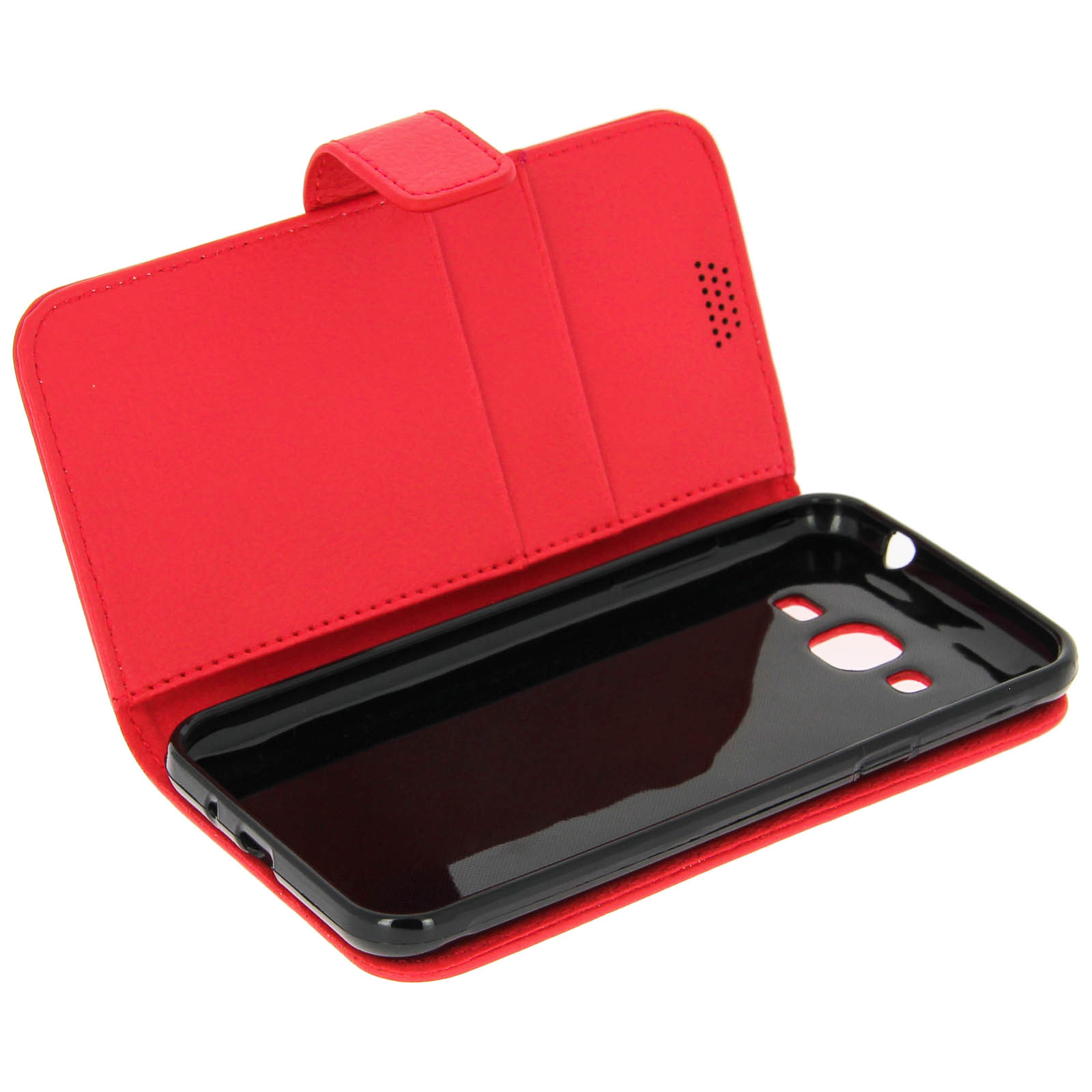 Custodia per telefono rossa aperta, telefono nero all'interno, sfondo bianco.