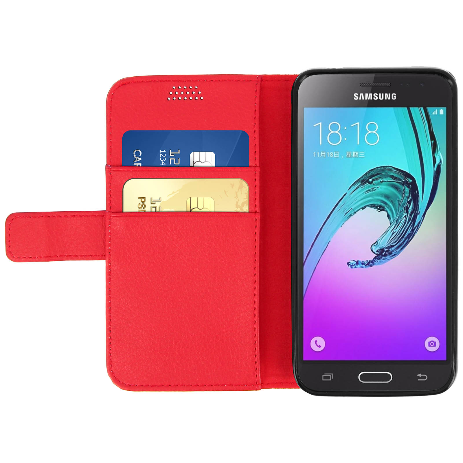 Custodia rossa con telefono dentro. Due carte nella custodia. Telefono mostra ora e data.