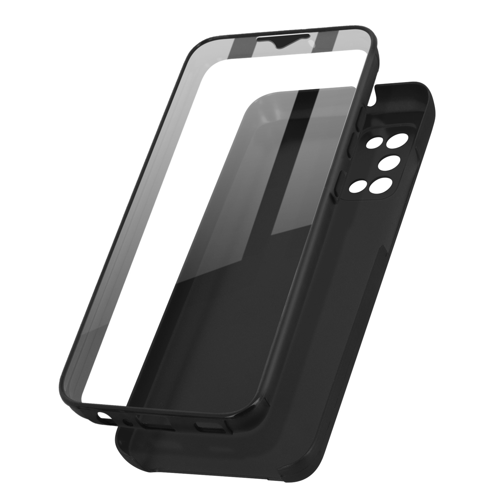 Coque de téléphone noire avec un protecteur d'écran par-dessus, le contour du téléphone est visible.