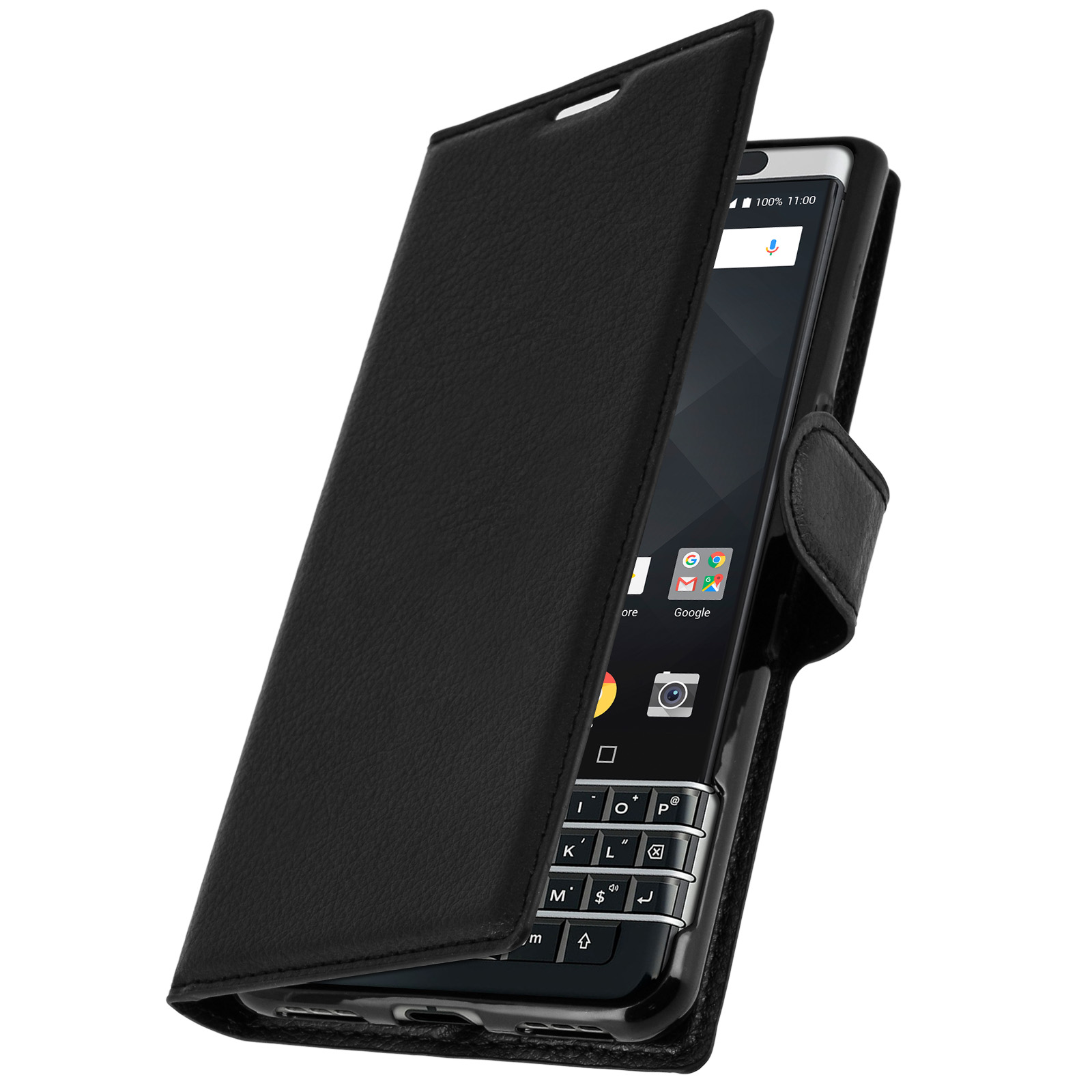 Custodia per telefono in pelle nera, aperta, che rivela un telefono con tastiera e schermo.