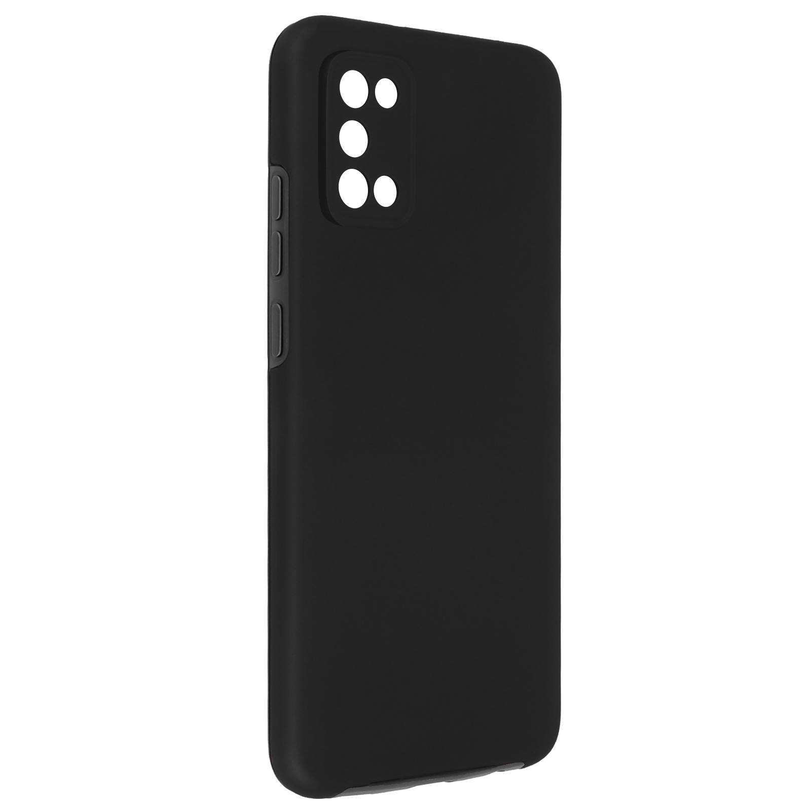 Un étui de téléphone noir avec des découpes pour l'appareil photo et les boutons. Vue latérale.
