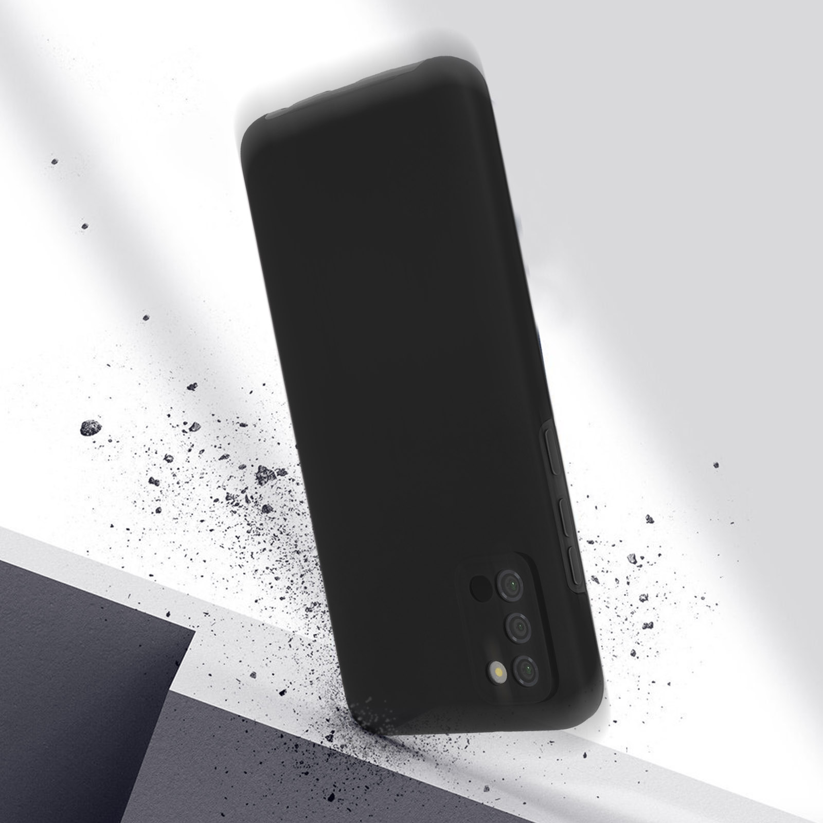 Coque de téléphone noire tombant, avec des débris dispersés.